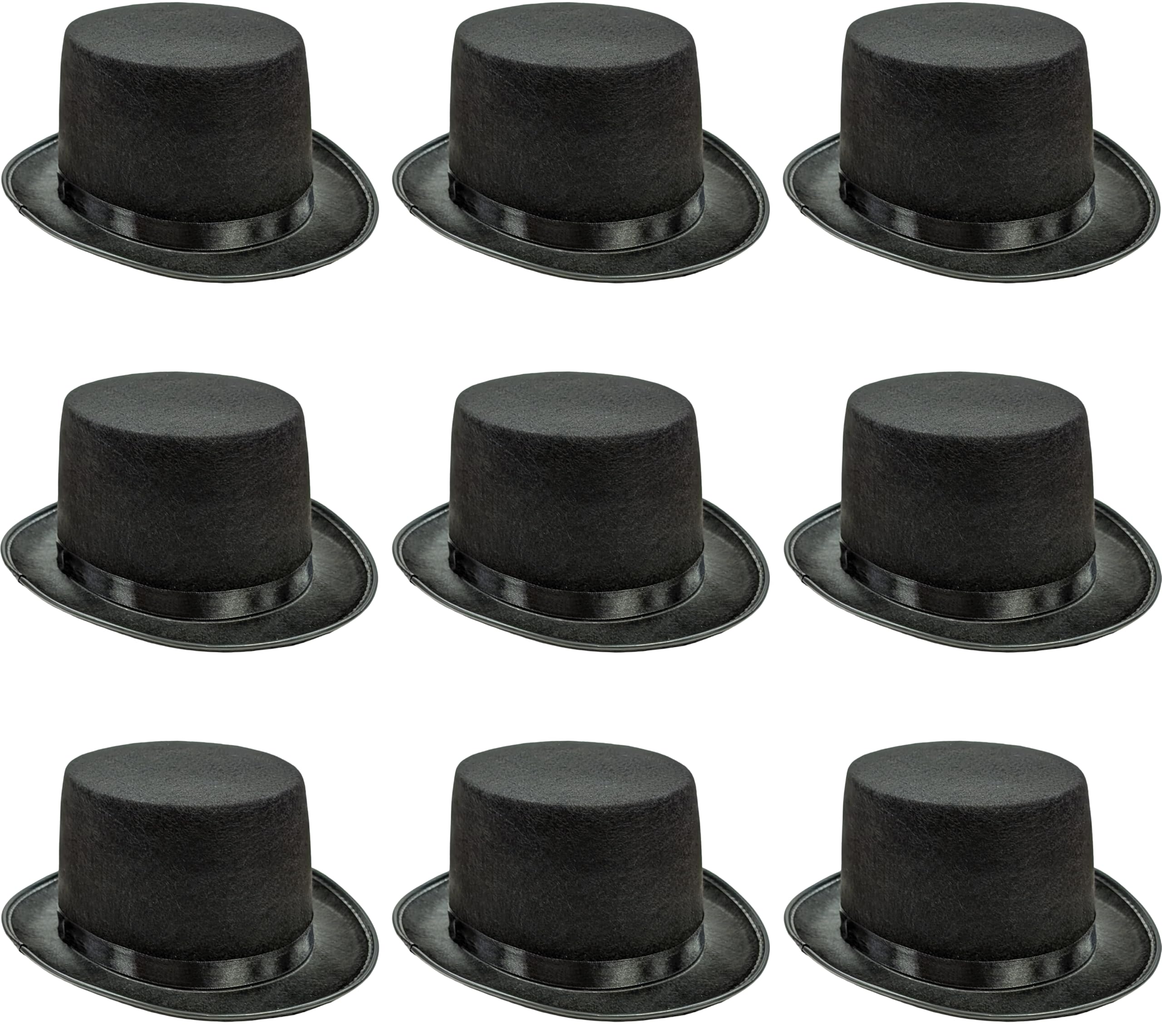 9 x Black Top Hats – Bulk Pack Fancy Dress Costume Top Hat for Adults – Unisex Size for Men & Women – Ideal for Steampunk Victorian Edwardian Magician Ringmaster Theatre Dance Cosplay & Events Props