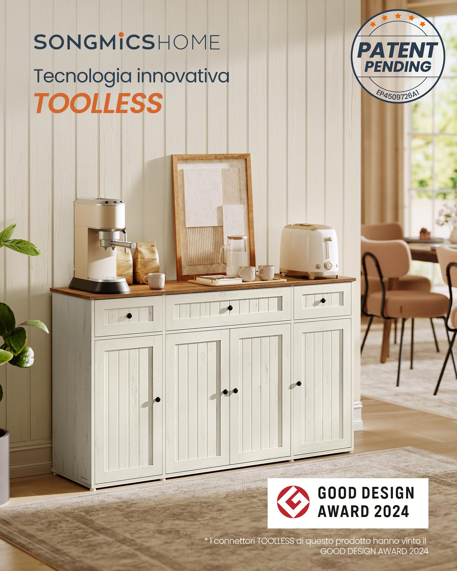 SONGMICS HOME Credenza Montaggio Rapido Senza Attrezzi Toolless, Montaggio Superveloce Senza Utensili, Mobile da Cucina con Piano, Buffet, Ripiani Regolabili, Bianco Vintage e Marrone Miele BBK376WJ02