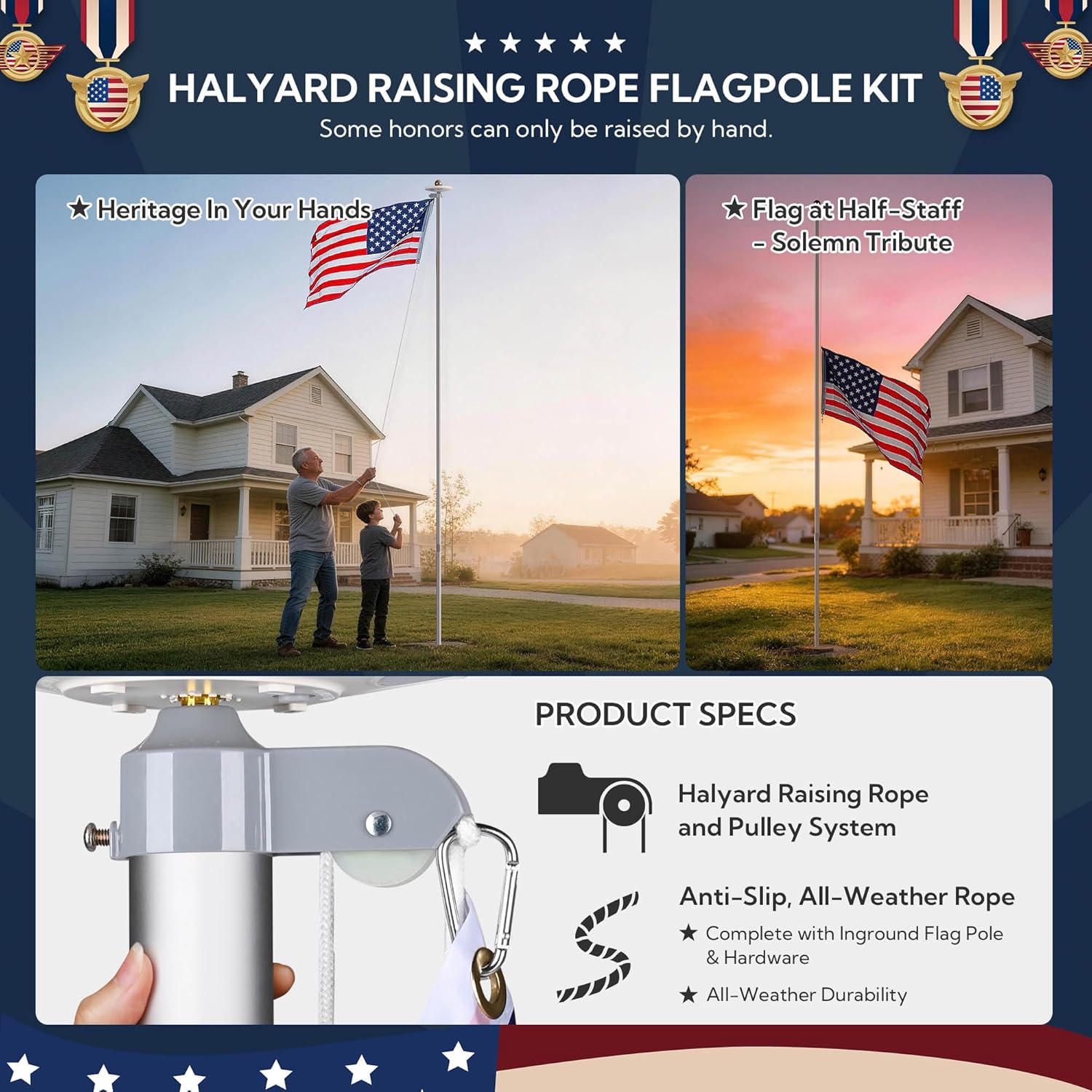 Yescom Bravery 20Ft Sectional Flag Pole Kit with Solar Light Aluminum Flagpole Set for Outside House In-Ground Yard Garden Residential Commercial with US Flag & Ball Top Silver