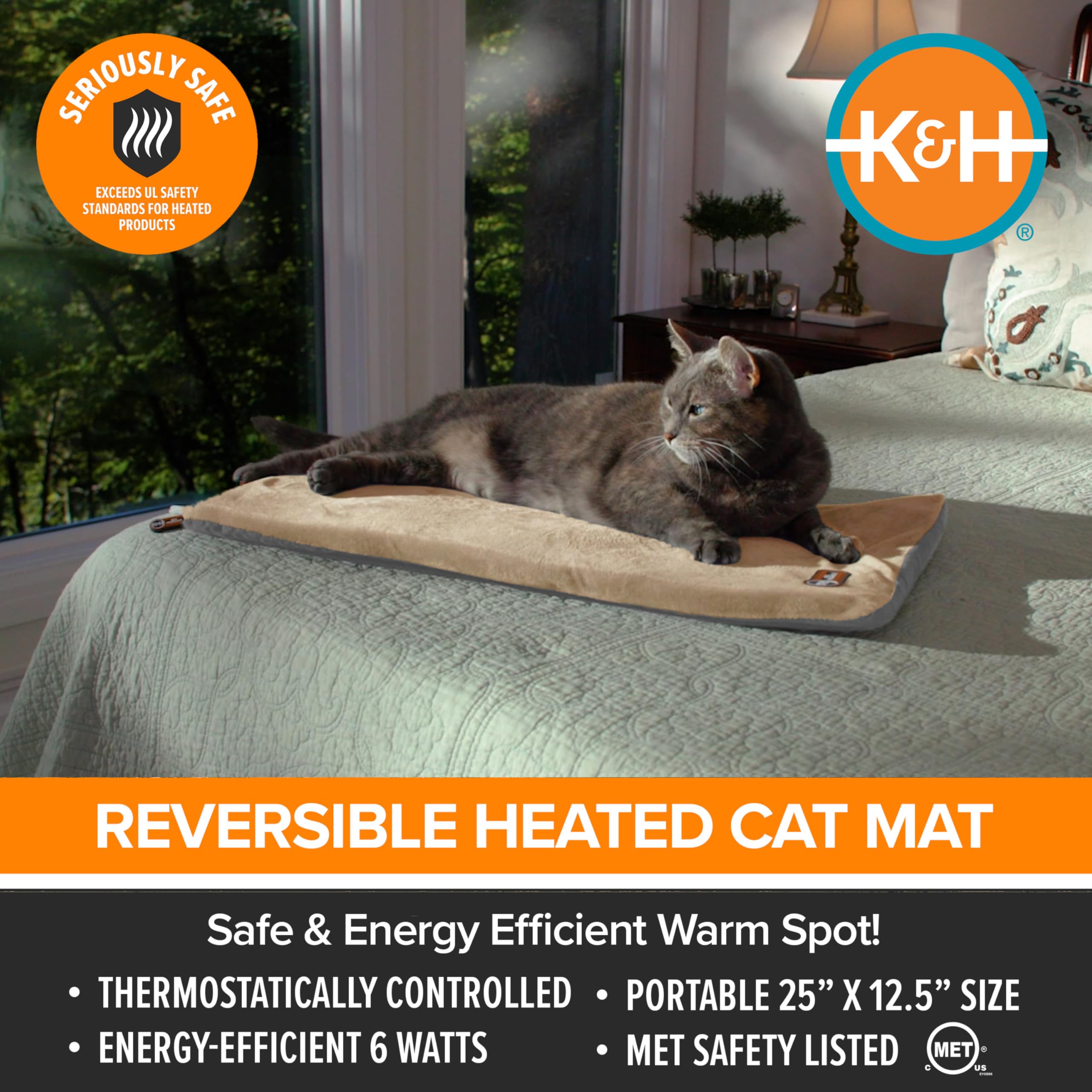 K&H Pet Products Beheiztes Katzenbett für Hauskatzen, Thermo-Kätzchen-Matte, beruhigend, warm, Haustier-Heizkissen für Haustiere, maschinenwaschbar, wasserdichte Heizung, Sicherheitsliste – 12,5 x
