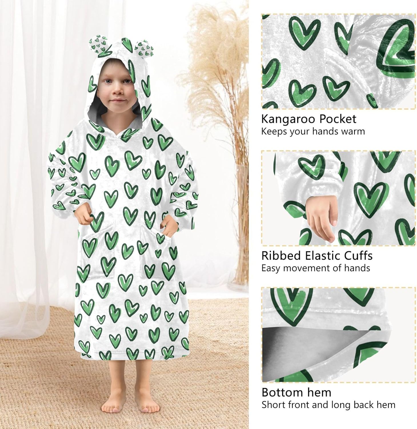 Heart Green Kids Wearable Blanket Hoodie with Pocket and Sleeves for Toddlers, Cute Hoodies Girls Boys B0403844