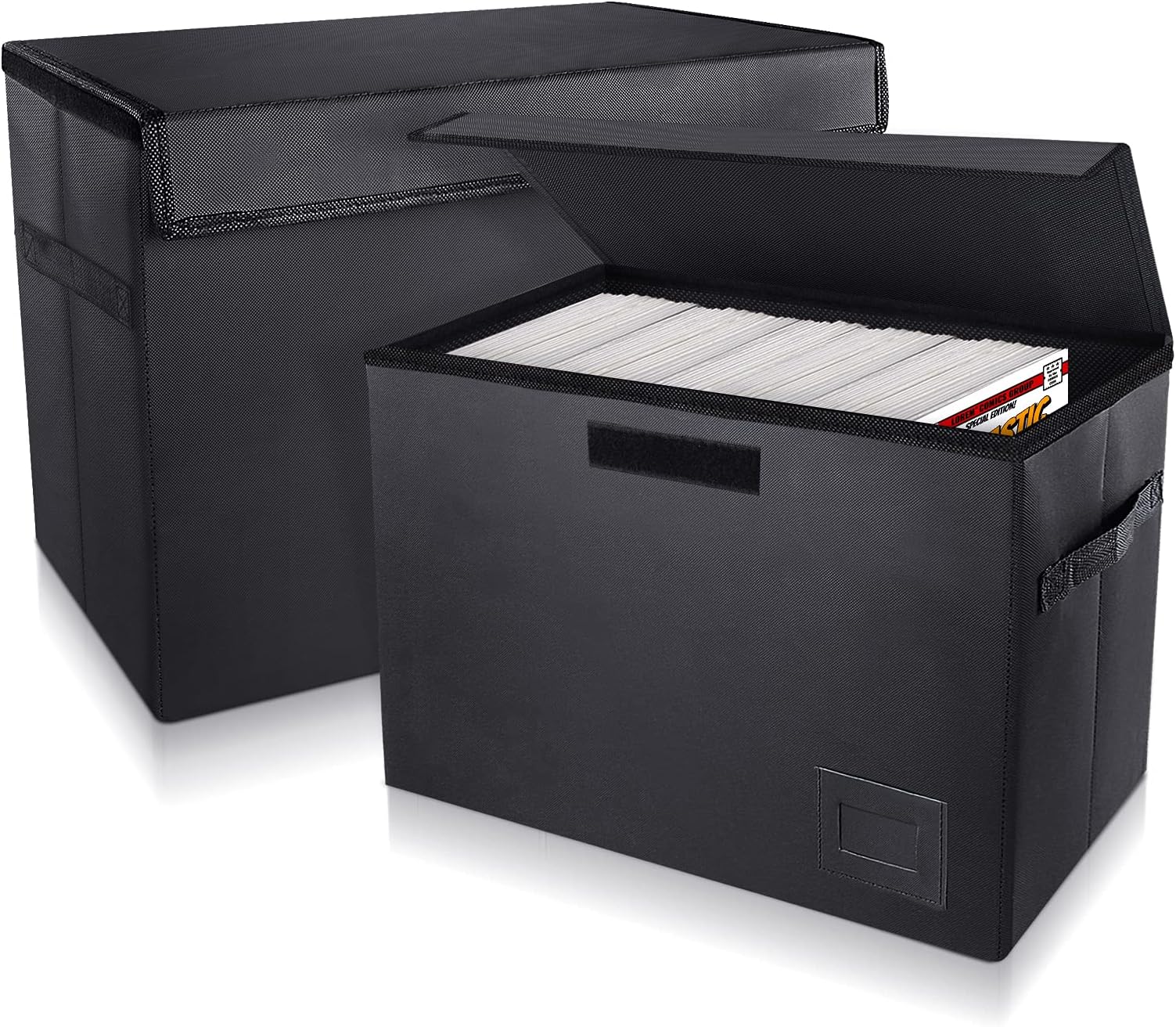 KKU Comic Book Storage Box, Short Comic Book Box Holds 150 -175 Comics, Large Collapsible Waterproof 15.7"×11.4"×7.5" Comic Book Oragnizer Box, PU Leather Comic Container With Lid (2Pack Black)