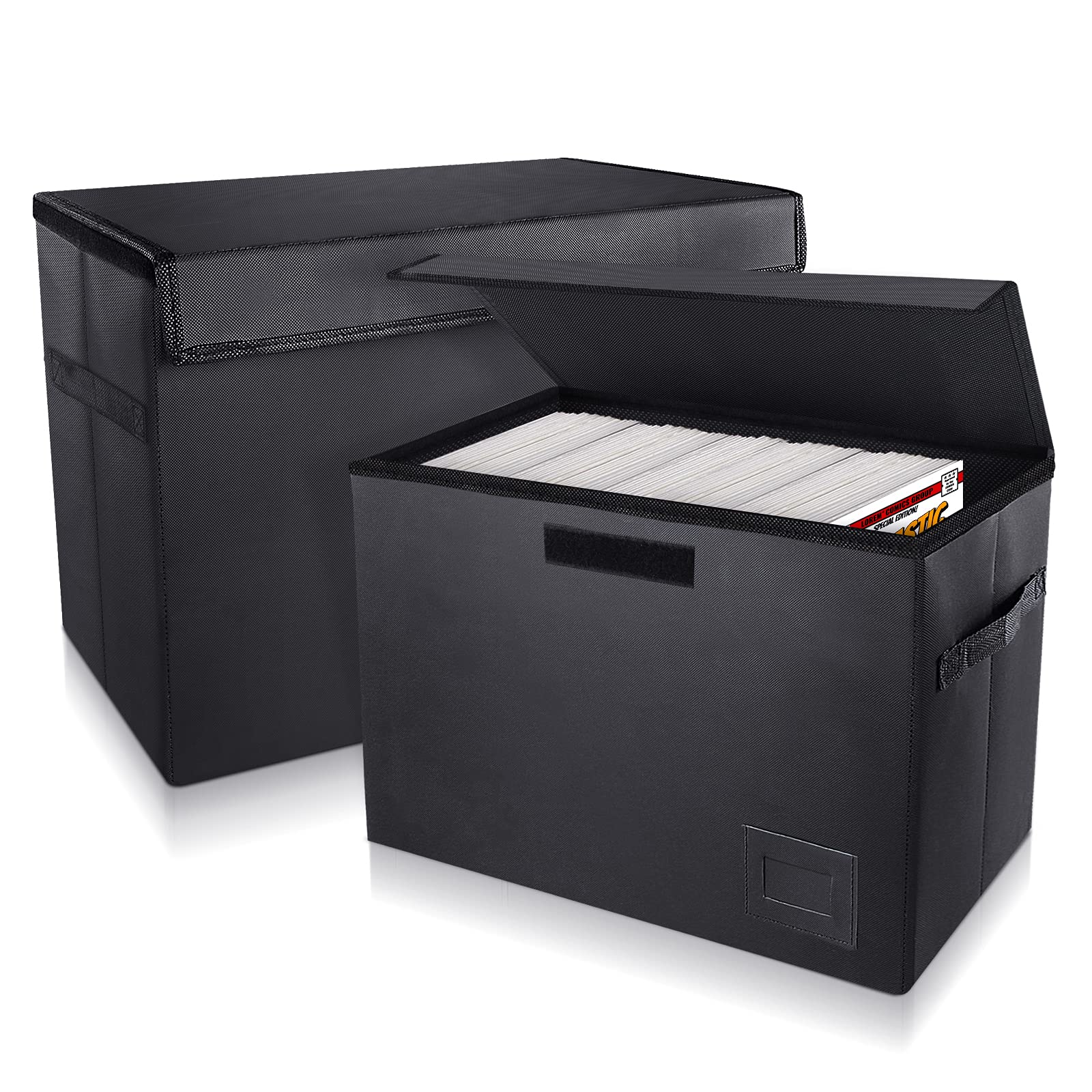 KKU Comic Book Storage Box, Short Comic Book Box Holds 150 -175 Comics, Large Collapsible Waterproof 15.7"×11.4"×7.5" Comic Book Oragnizer Box, PU Leather Comic Container With Lid (2Pack Black)