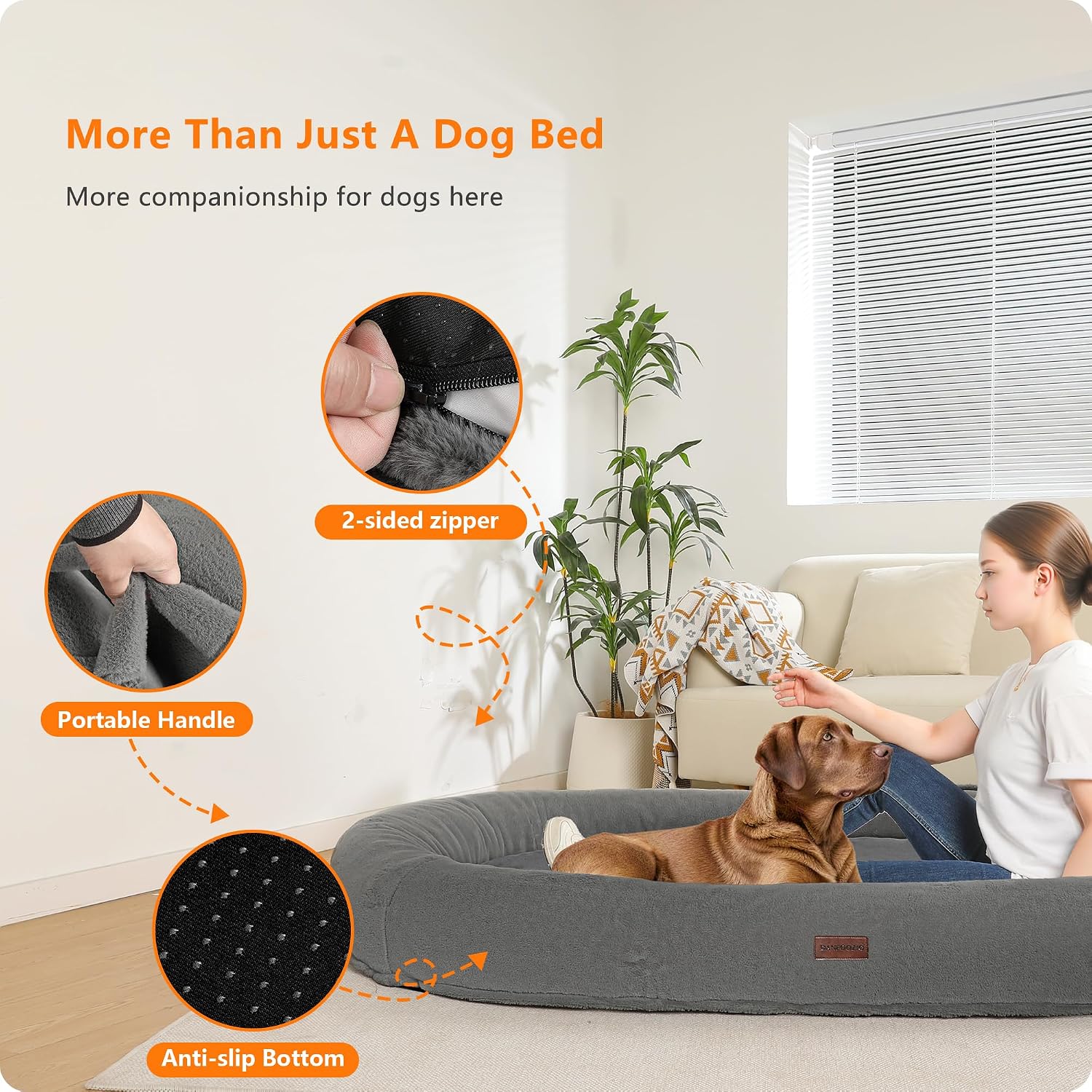 Human Dog Bed with Blanket, 71"x47.2"x9" Extra Large Fits Adult & Pets, Reversible Orthopedic Gel Memory Foam Cushion, Washable Faux Rabbit Fur, Plump Edge, Storage Pocket, Cement Grey