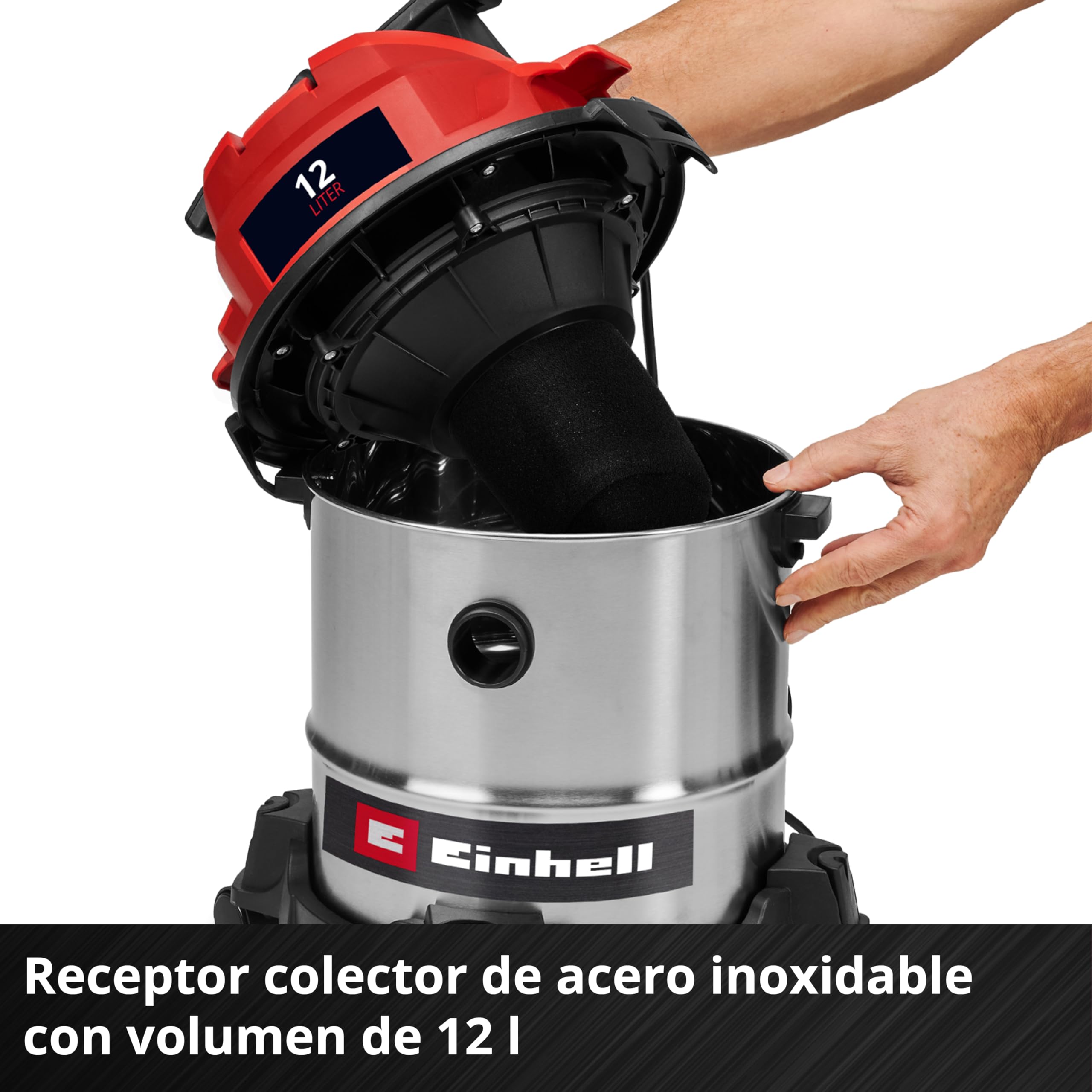 Einhell Aspirador en seco y húmedo TC-VC 1240 S | 950 W | 180 mbar | 4 ruedas giratorias | depósito 12 l | Incl. boquilla para juntas y boquilla combinada | Filtro de espuma