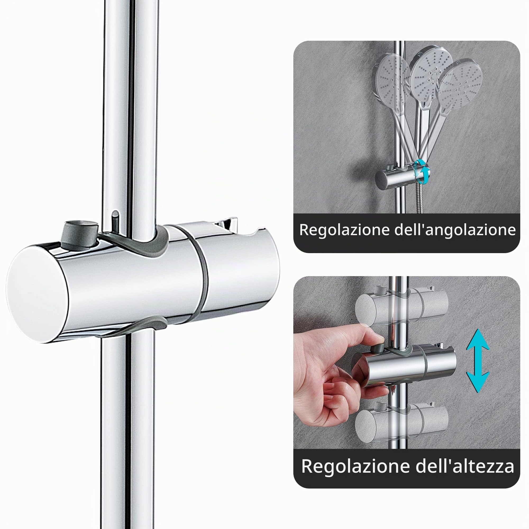 Saliscendi per Doccia Inox Asta Regolabile Kit con Supporto 68 x 2,2cm, Cromo