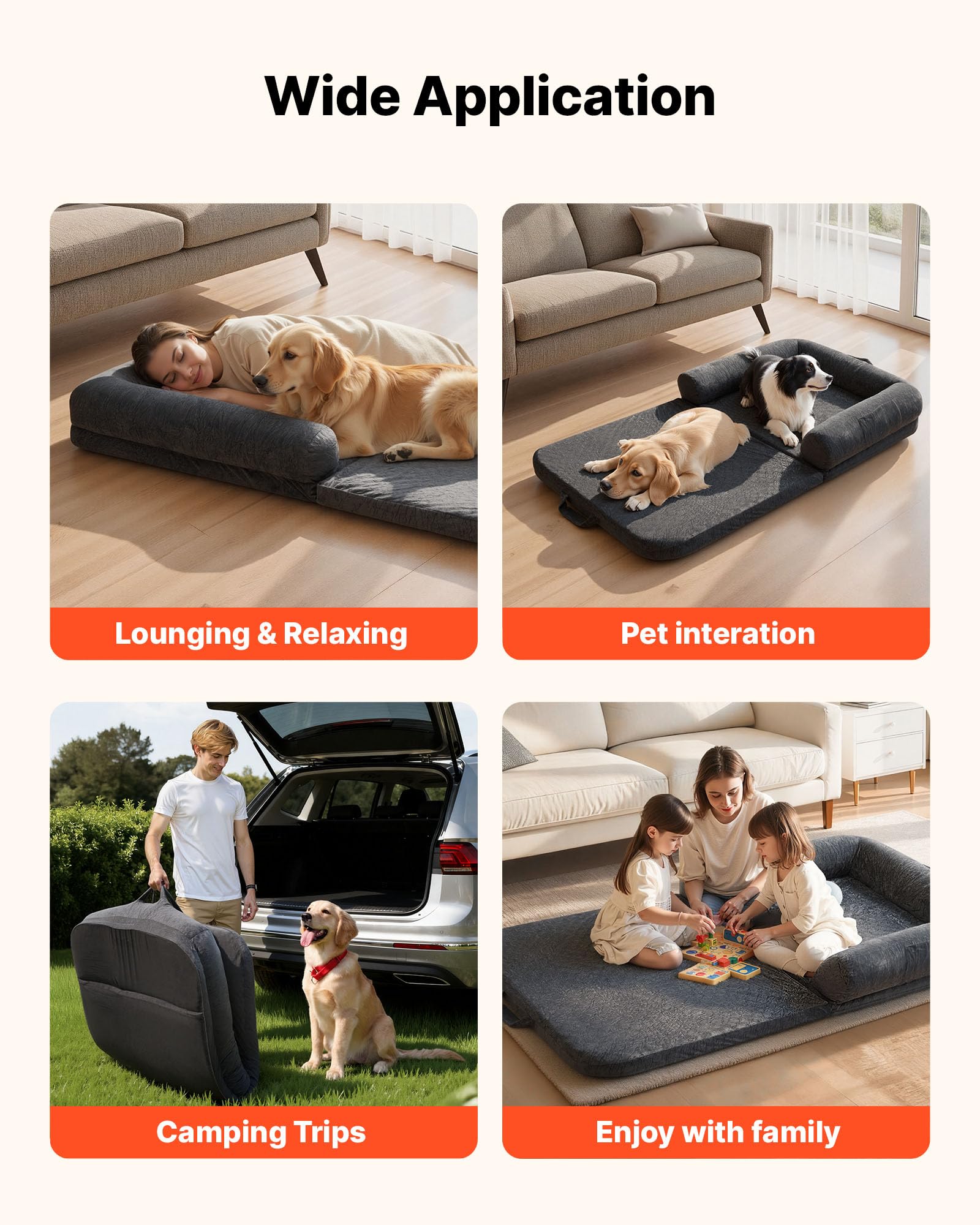 VEVOR Cama para Perros Rectangular, 179 x 95 x 22 cm, Ortopédica, de Espuma Viscoelástica, Tamaño Humano, con Bolsillo Lateral, Asa y Cremallera, Funda Extraíble y Lavable a Máquina, Gris Oscuro