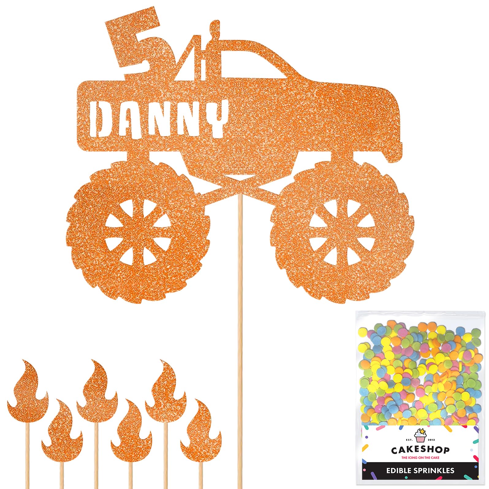 Personalised Monster Truck Glitter Cake Topper- Copper Orange Any Custom Age & Name Glitter Cake Decoration and Sprinkles - Happy Birthday Decorations - Personalised Toppers for Cakes by Cakeshop โ image 1