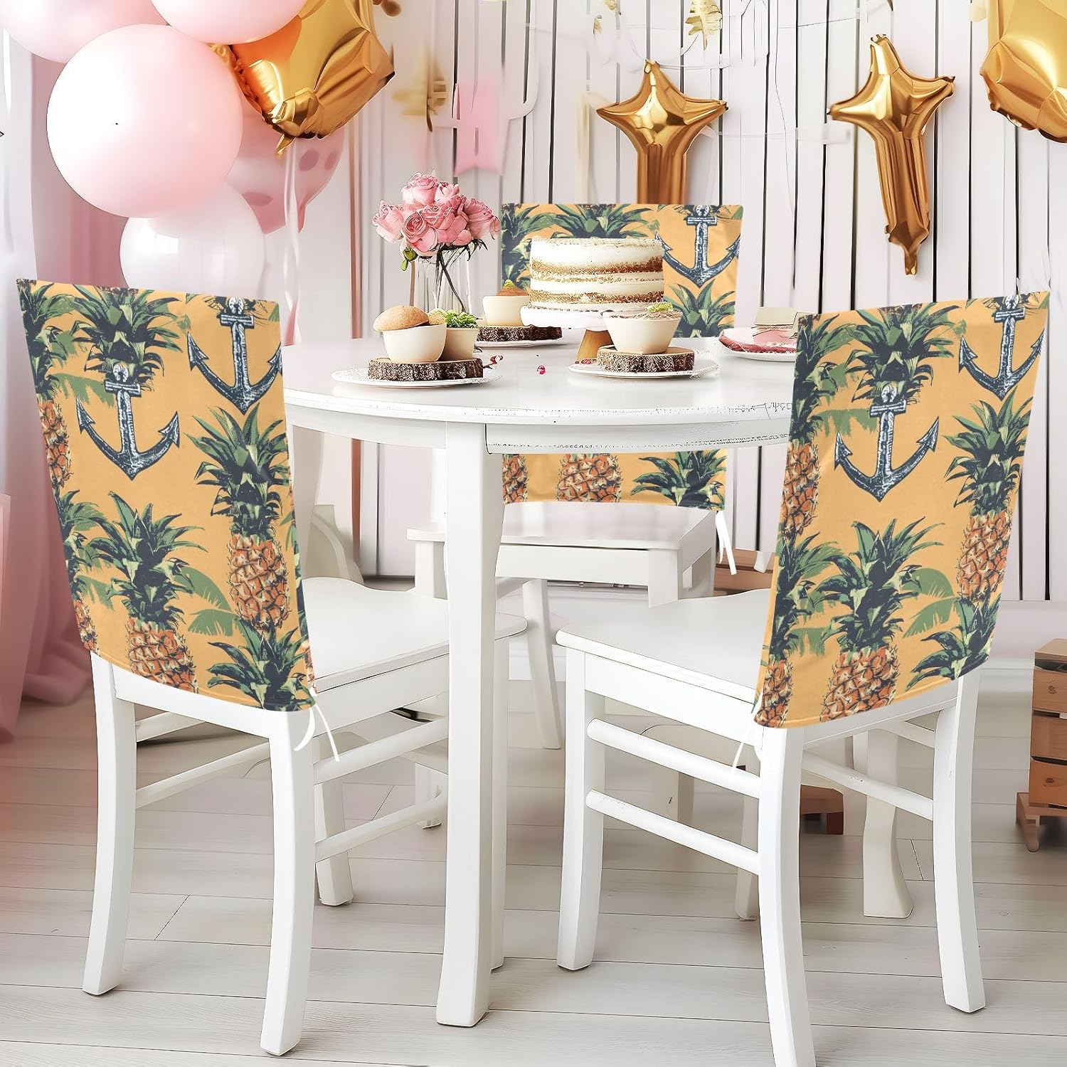 ALAZA Anchor Pineapple Chair Back Cover Set of 6, Washable Reusable Removable Chair Slipcovers Decorative Chair Cover for Home Kitchen Wedding Party