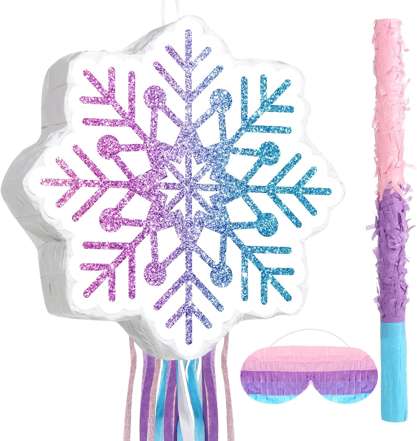 Winter Piñata Christmas Wonderland Themed Piñata with Blindfold Bat for Christmas Princess Winter Theme Birthday Party Supplies Decorations(Pink, Blue,Snowflake) Pink, Blue Snowflake