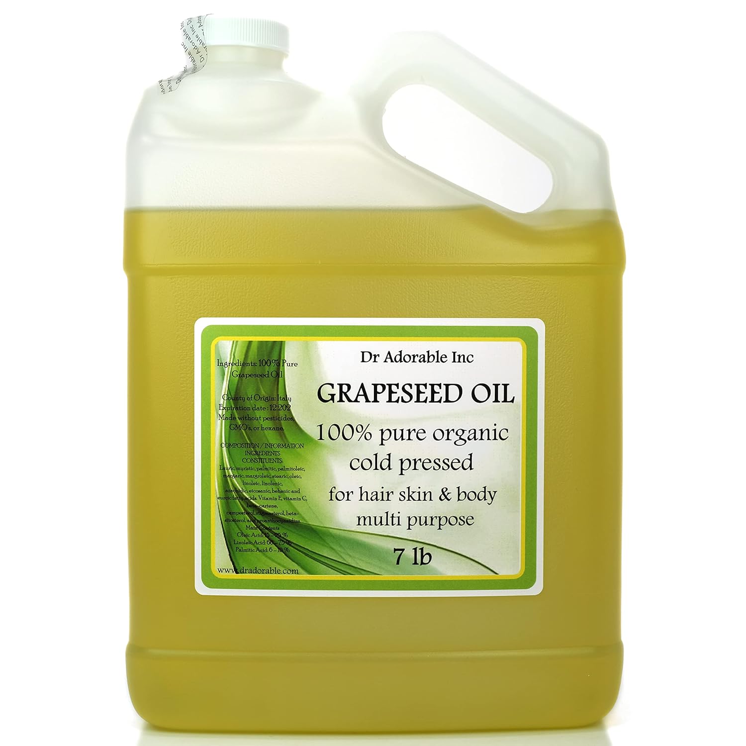 Dr Adorable - 7 lb - Grapeseed Oil - 100% Pure Natural Organic Cold Pressed