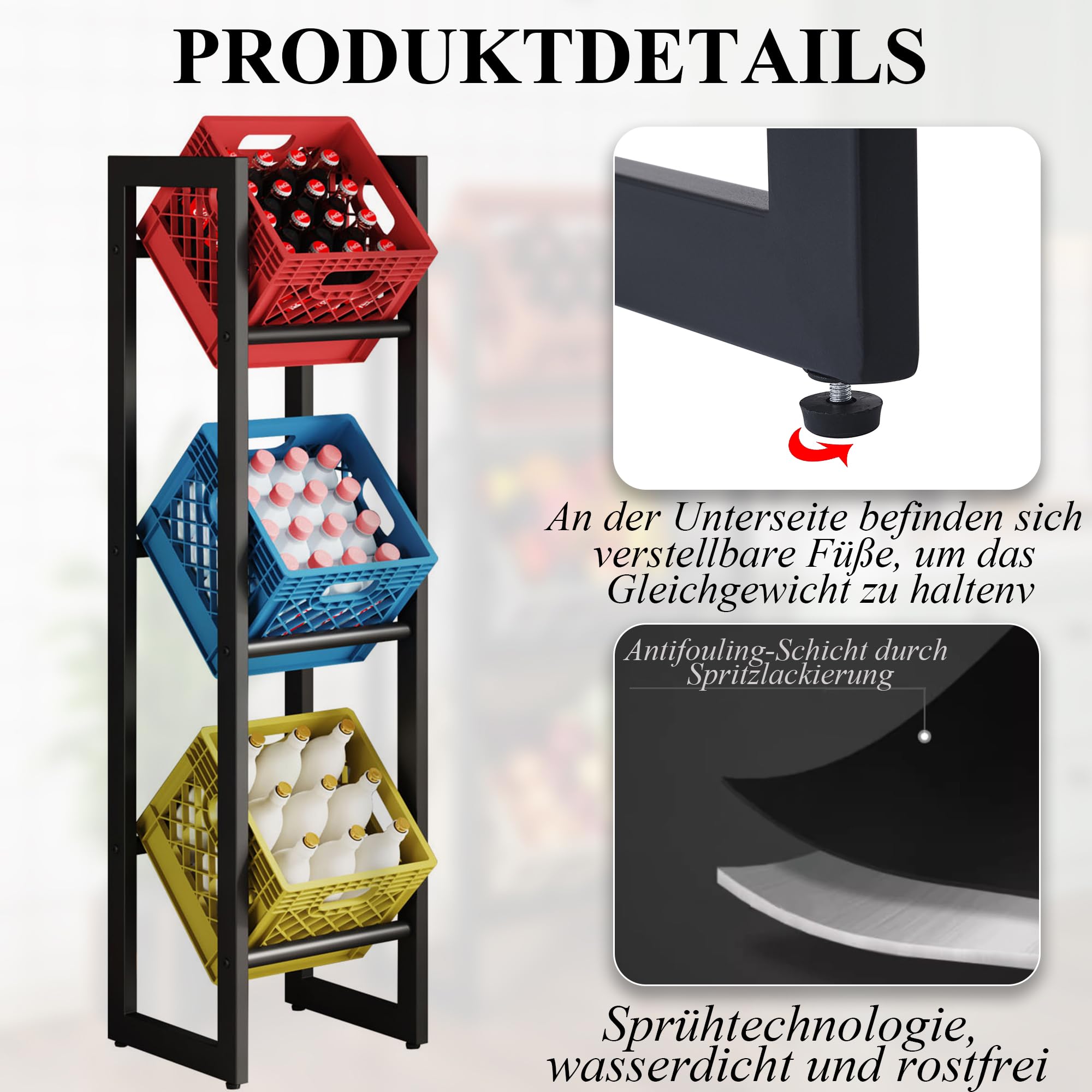 Kistenständer Getränkekistenregal 3 Kisten/Getränkeregal Kistenregal 2 bis 3 Kästen/Regal für Getränkekisten Wasserkasten Obstkisten Bierkisten Regal Verkaufsregal/Schwarz/39x30x140cm(BTH)-1Stück