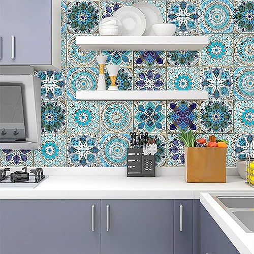 Miniatura 5 de 16 calcomanías para azulejos de mandala de 5 x 5 pulgadas autoadhesivas desmontables azulejos marroquíes impermeables a prueba de aceite para baño y