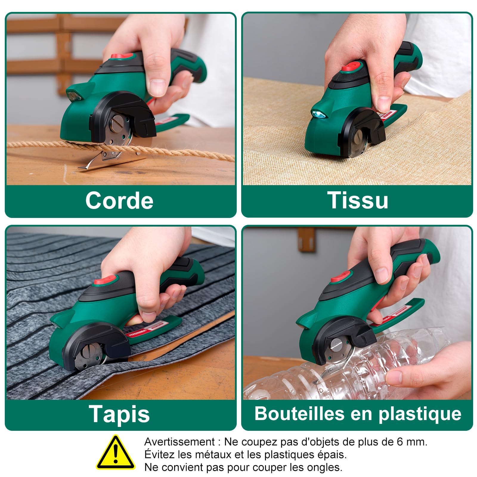 HYCHIKA Ciseaux Electrique Tissu Couture 4V, Ciseaux Electrique 300 tr/min, Avec 2 Lames et LED, Cutter Rotatif Couture pour Tissu, Couture, Cuir, Tapis, Carton, Plastique