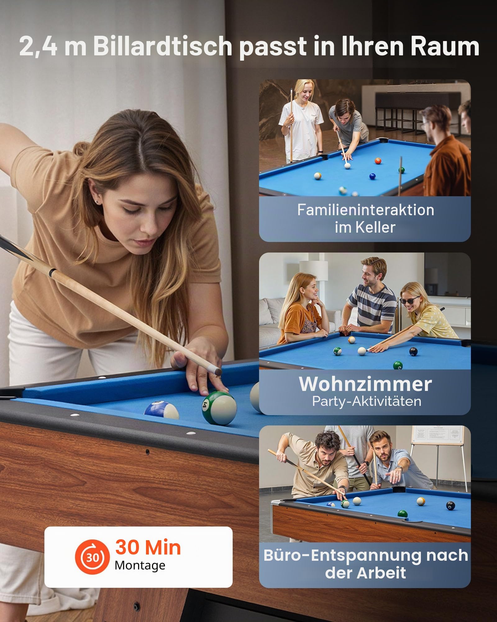 VEVOR Billardtisch 244 cm mit Holzoberfläche, moderner Spieltisch mit verstellbaren Füßen, komplettes Set inkl. Bällen/Queues/Ständer/Kreide/Bürste, für Spielzimmer Freizeiträume Blau