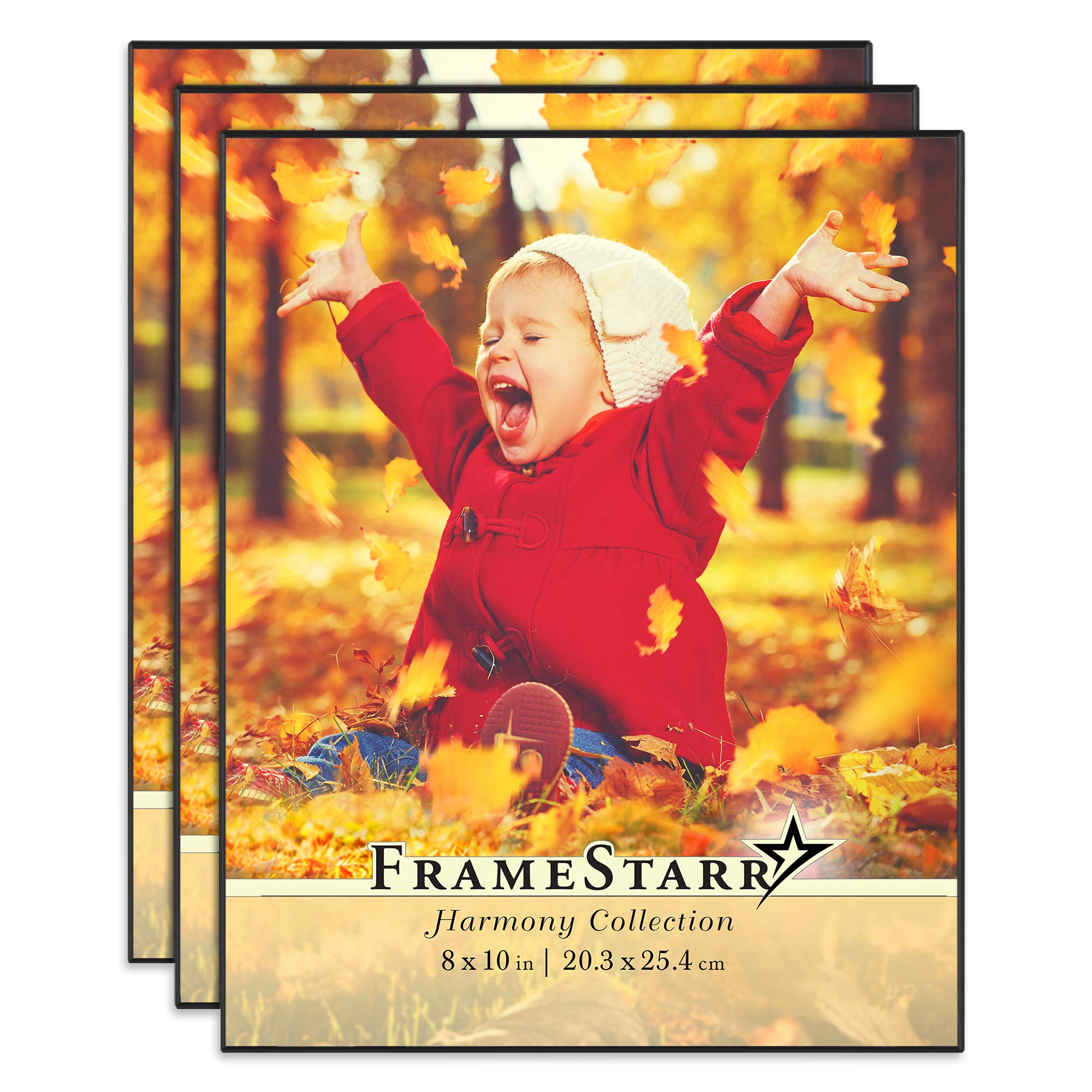 FrameStarr 10x8 Picture Frame Set (Black, 3 Pack), Front-Loading Contemporary Modern Style, Tabletop or Wall Mount, Harmony Collection