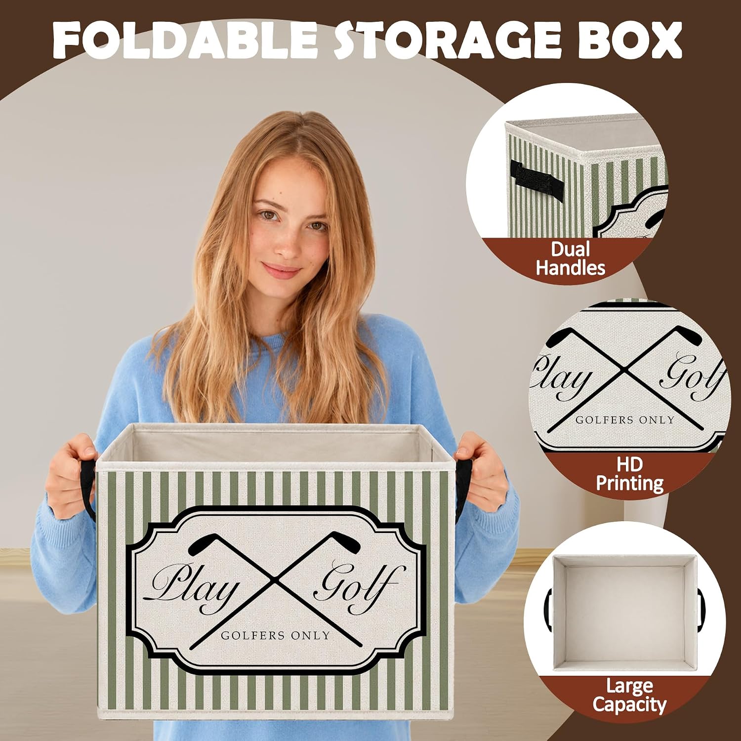 Vintage Golf Sports Nursery Storage Bins with Handles, Golfing Golfer Gifts Green Striped Foldable Collapsible Storage Basket Organizer for Bedroom Bathroom Gym Books Clothes