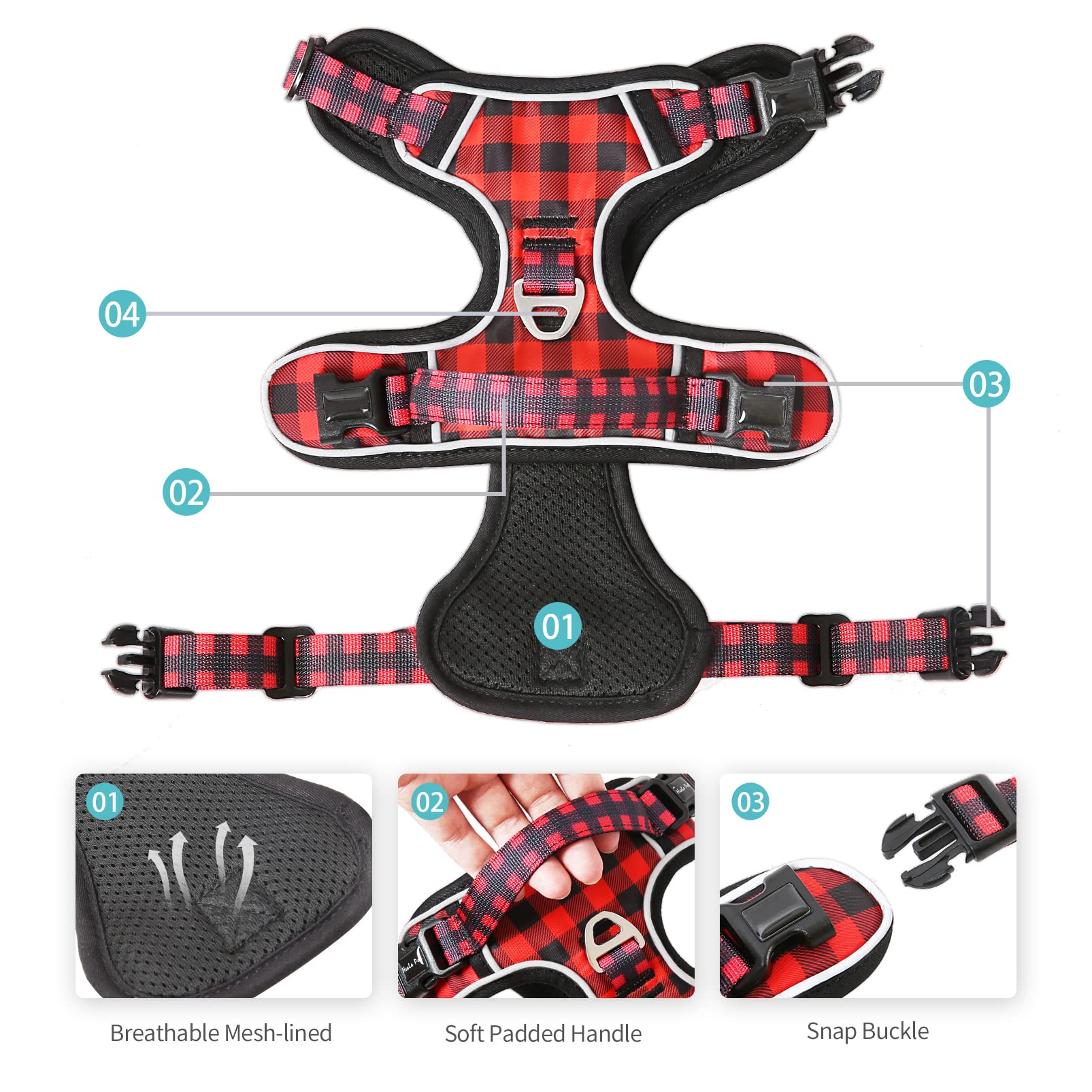 HEELE Pettorina Cane, Imbracatura Sganciata Rapido dal Collo, Pettorina Anti-tiro Riflettente e Regolabile con Maniglia Comoda, Morbida e Imbottita per Cani Piccola Media Grande, Rosso-Nero XS