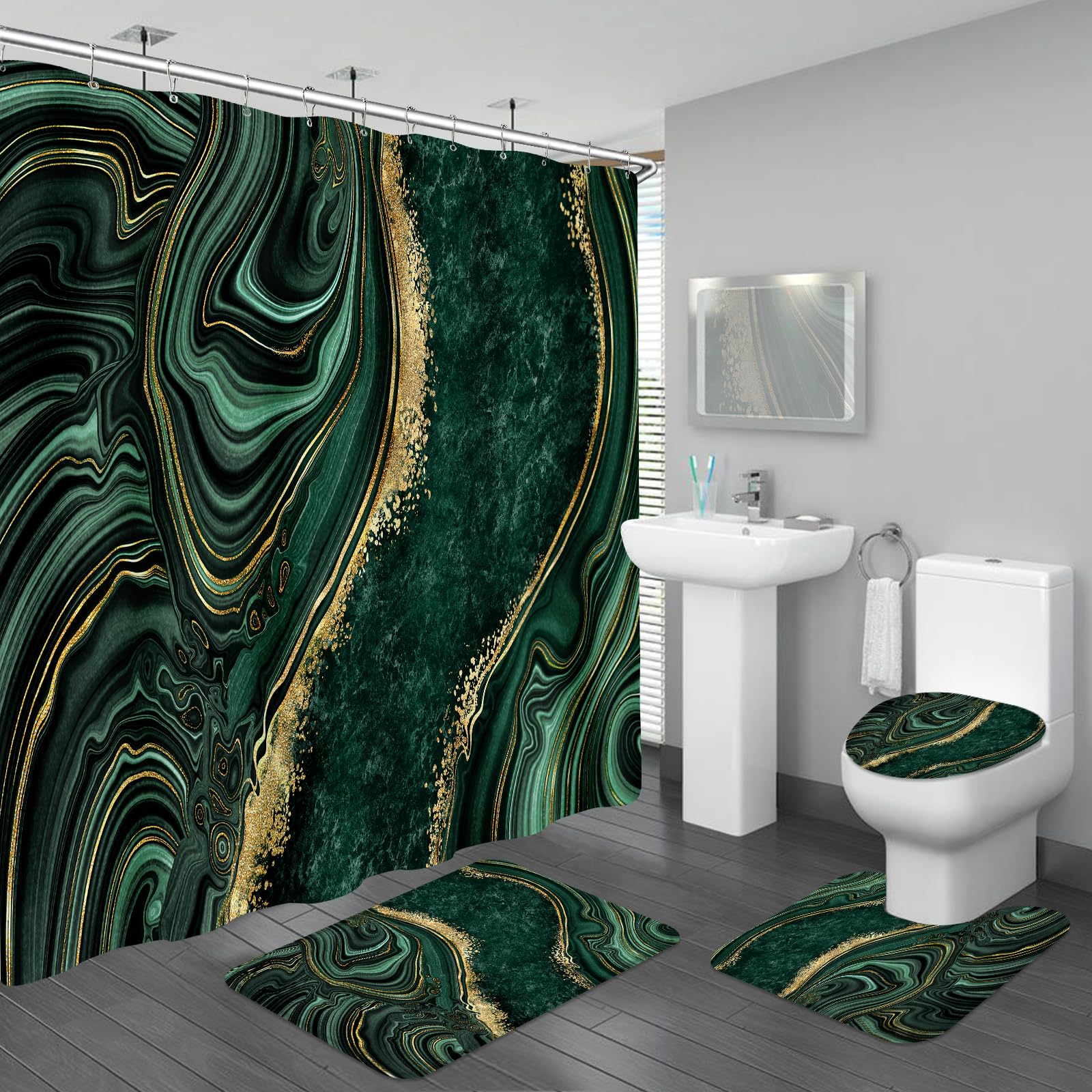 BayNook 4PCS Emerald Green Marble Bathroom Set with Shower Curtain, Bath Mat, Toilet Lid Cover & U-Shaped Rug, Dark Green Shower Curtain Set for