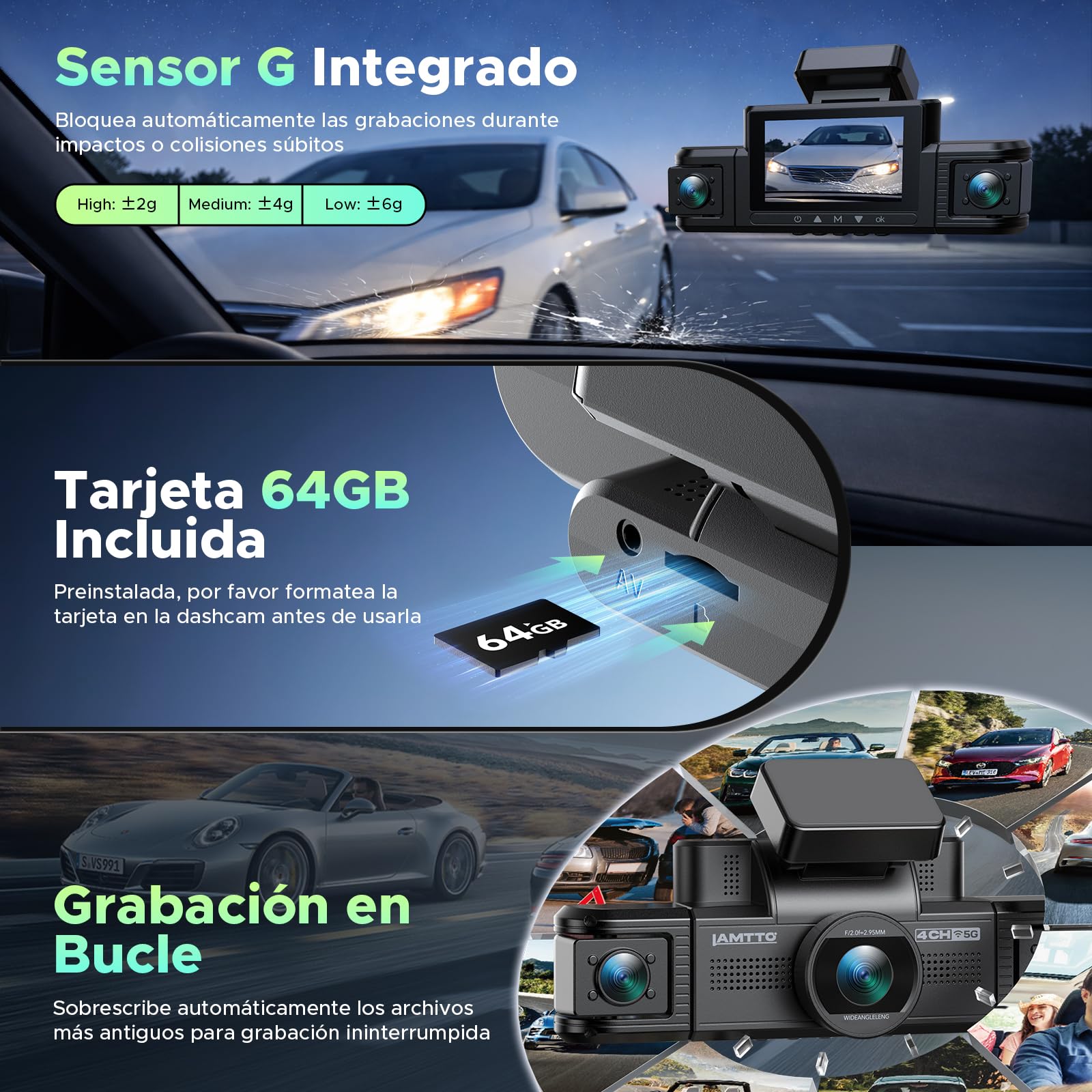 LAMTTO 4 Canales Dashcam para Coche 360 Grados, Dash Cam 2K Delantera 1080P Trasera Interior Lateral Cámara de Coche con App WiFi de 5GHz, Supervisión de Aparcamiento 24/7, Sensor G y Visión Nocturna