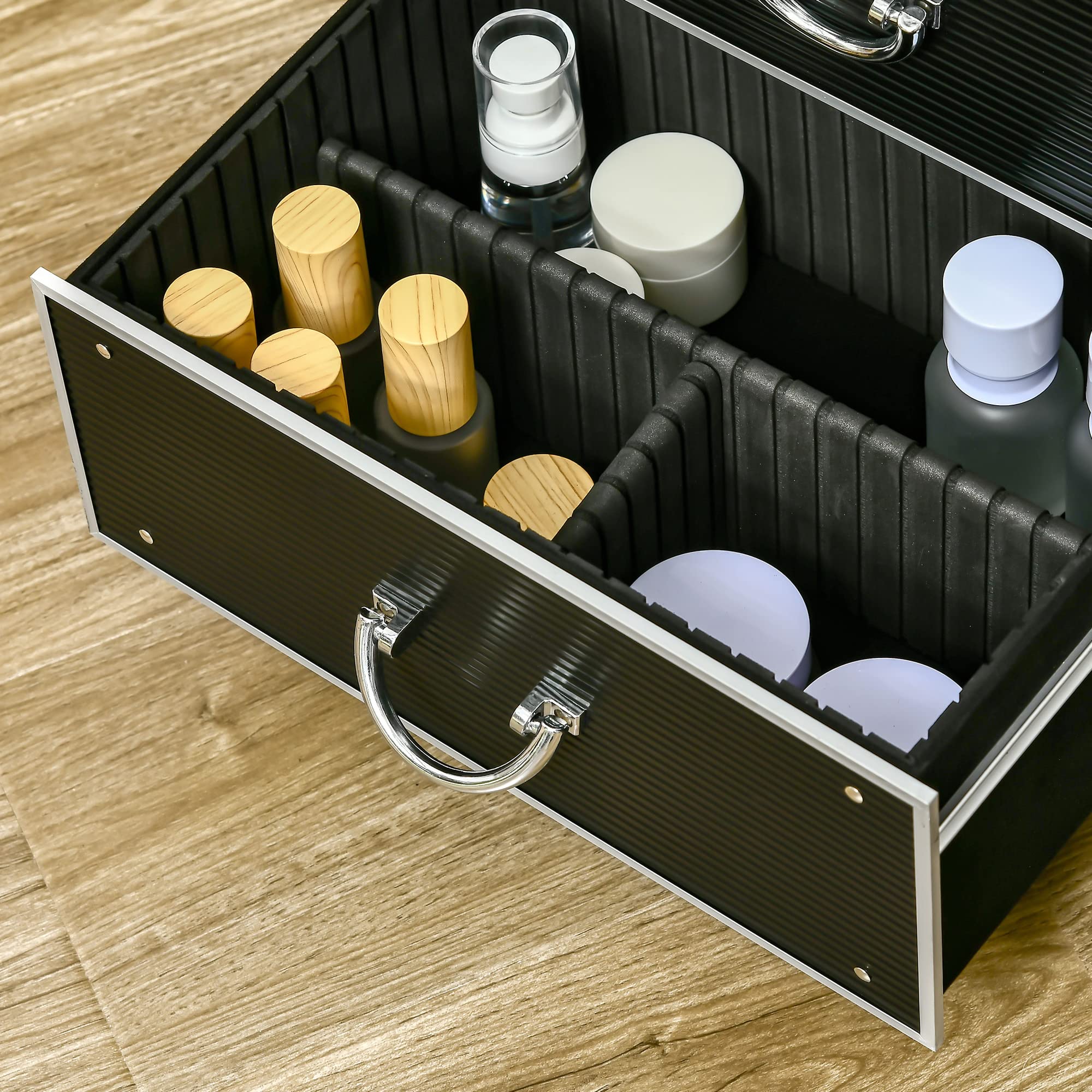 HOMCOM Valise Trolley Maquillage Mallette cosmétique Vanity poignée télescopique réglable 36L x 23l x 58H cm alu ABS Noir