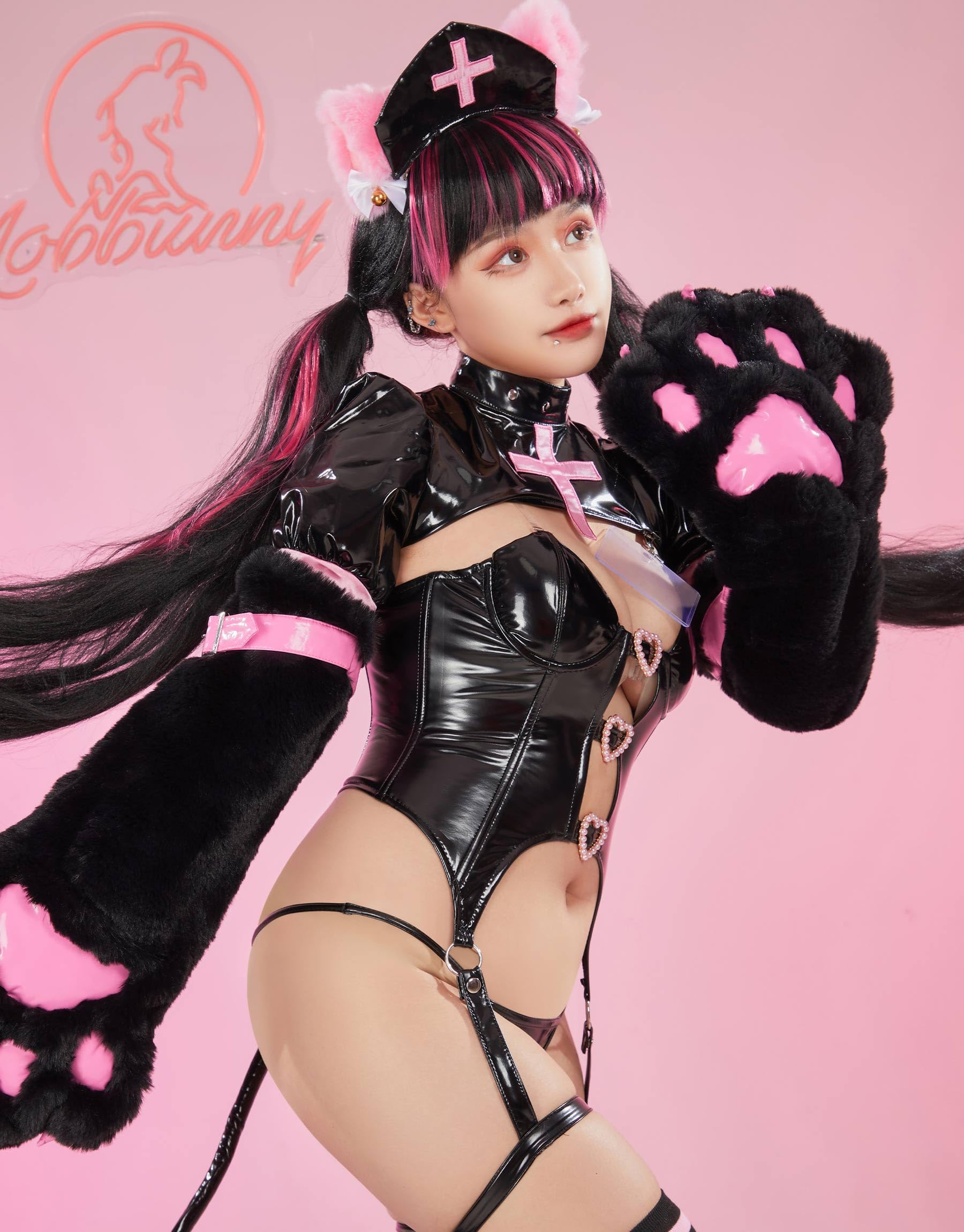 Mobbunny Nurse Cosplay Costume Nurse Lingerie Set Top and Panty with Furry Cat Paw Claws Sleeves and Thigh Socks: X-Large Black