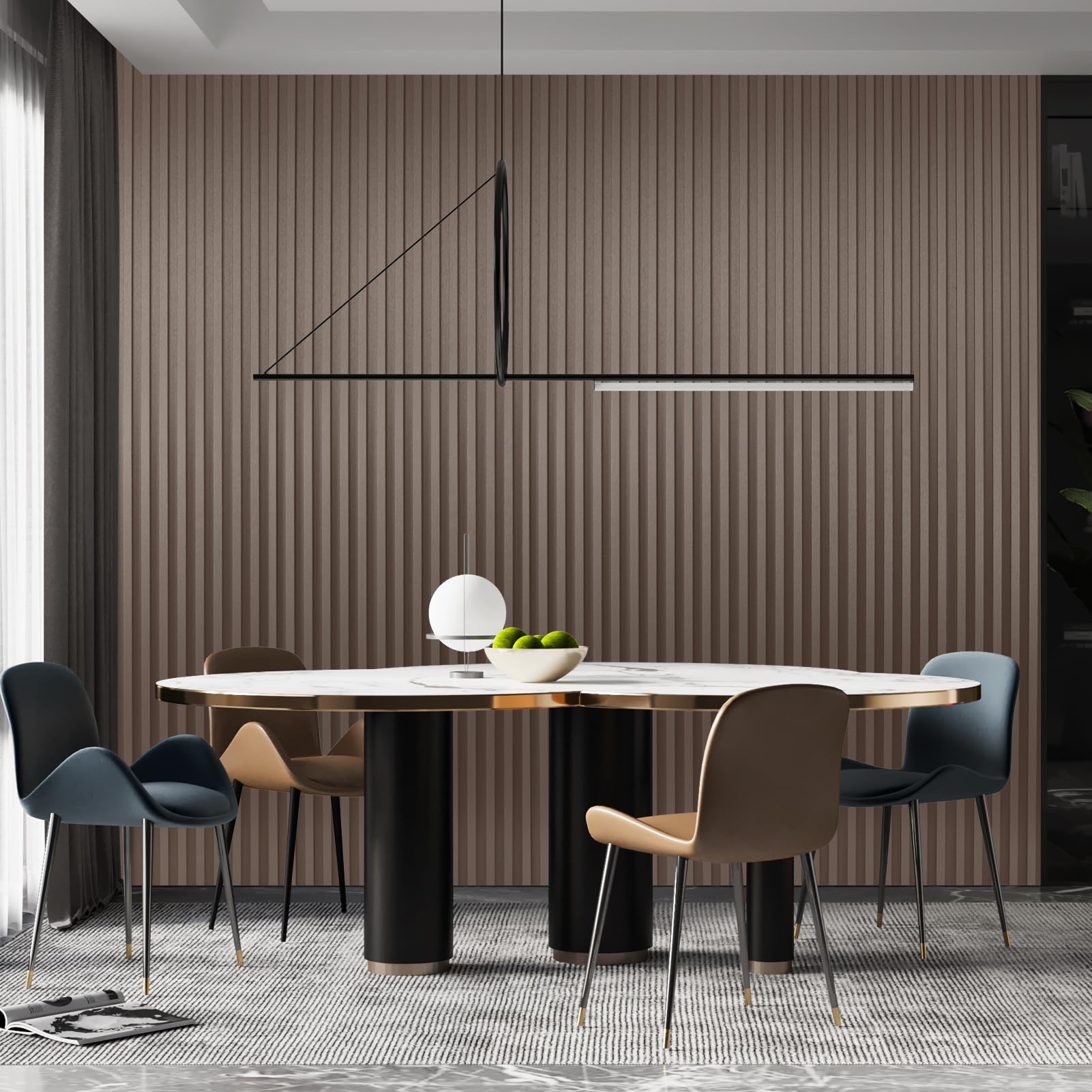 (3)art3dwallpanels slat wall paneling, 104'' x 6.7'' glossy metal finish wpc soundproof 3d wall panels for interior wall decor, 8 pack fluted textured panel wall slats, brushed brown