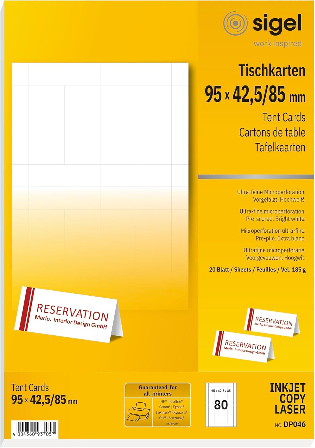 Sigel DP046 Tent Cards, bright white, mp, 95x 1.65/3.35 inches (A4), 125.0 lbs, 80 cards