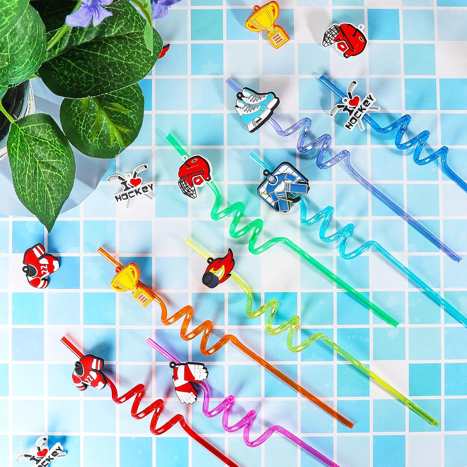 24 Pcs Ice Hockey Straws Twisty Curly Party Drinking Straws Colorful Ice Hockey Sports Party Favors Reusable Crazy for Adults Game Supplies Decorations with 2 Pcs Cleaning Brushes