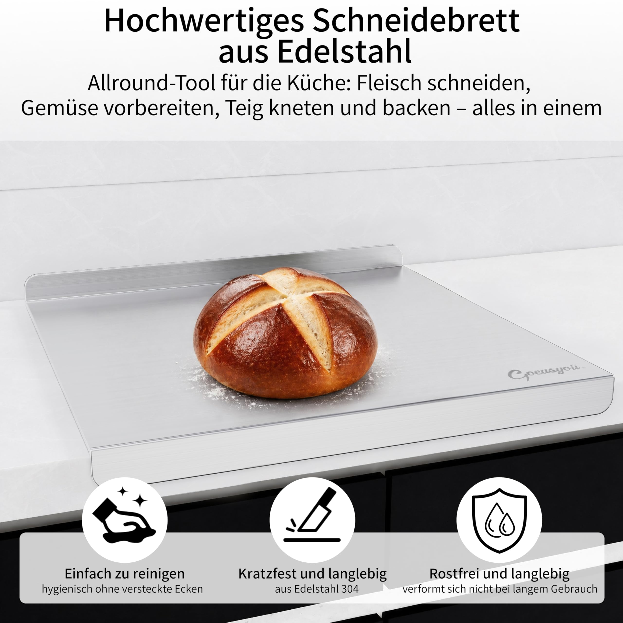 Arbeitsplatte Knetbrett Edelstahl Für Kneten & Backen, Nudelbrett, Backbrett mit Anschlagkante, Antibakteriell und Leicht zu Reinigen für Bäckerei, Restaurant und Bar, mit Falten und Etagere (50X40cm)