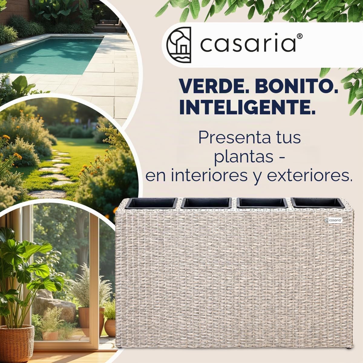 CASARIA Macetero de Poliratán para Exterior jardín 4 Macetas Drenaje de Agua 95 x 27 x 60 cm Jardinera Crema
