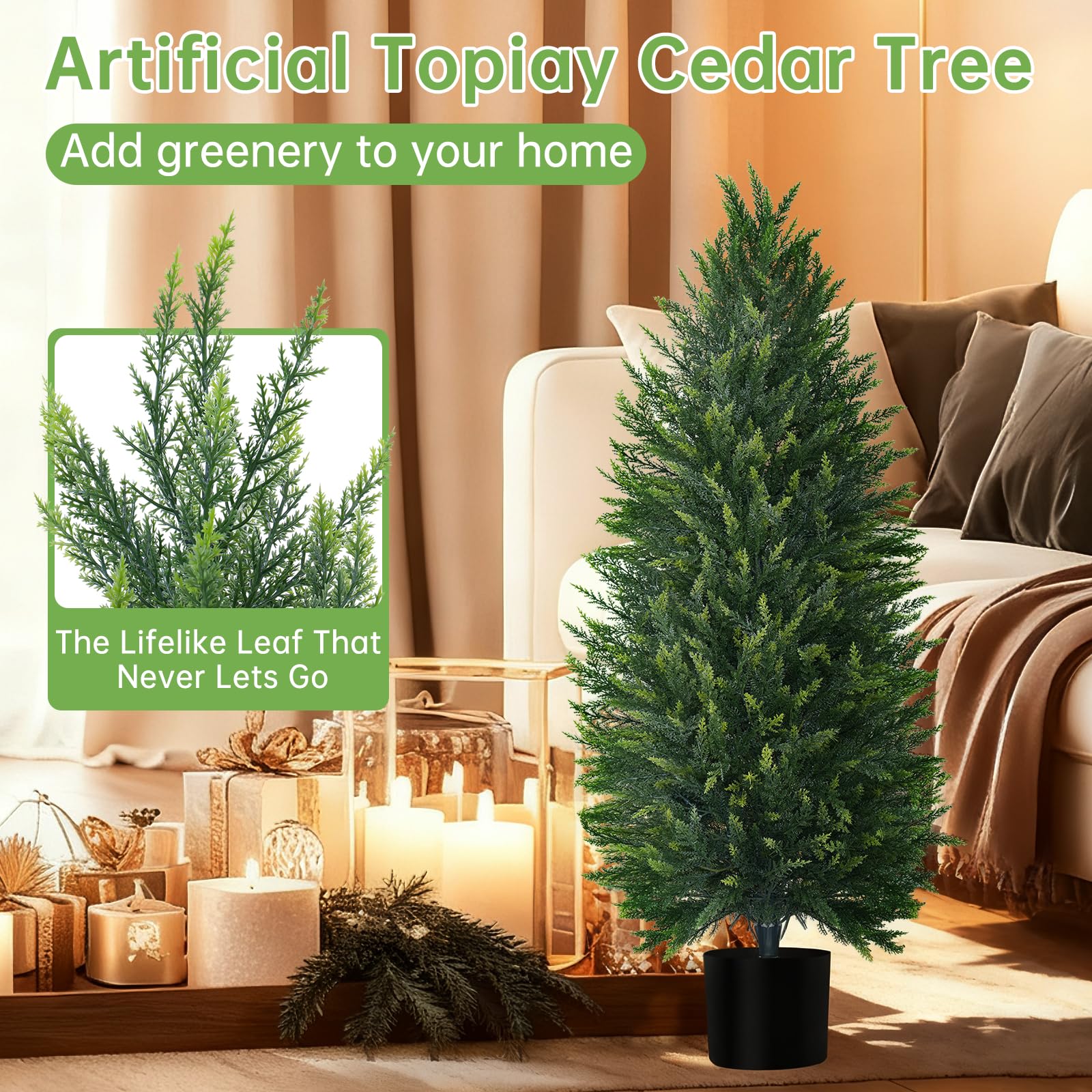 Grooy Lot de 2 arbres topiaires artificiels en cèdre de 1,2 m, lot de 2 plantes artificielles à feuilles persistantes en pot pour intérieur et extérieur, décoration d'intérieur, jardin, porche
