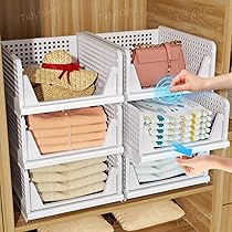 TidyIsles Wardrobe Storage Organiser – 4 Pack Folding Closet Organisers, Stackable Storage Boxes, Plastic Drawer Organiser Basket for Bedroom Kitchen Bathroom White