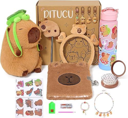Ditucu Turtle Capybara - Regalos de peluche para niñas de 4, 5, 6, 7, 8, 9, 10 años con animales de peluche, calcomanías, botella de agua, llaveros,