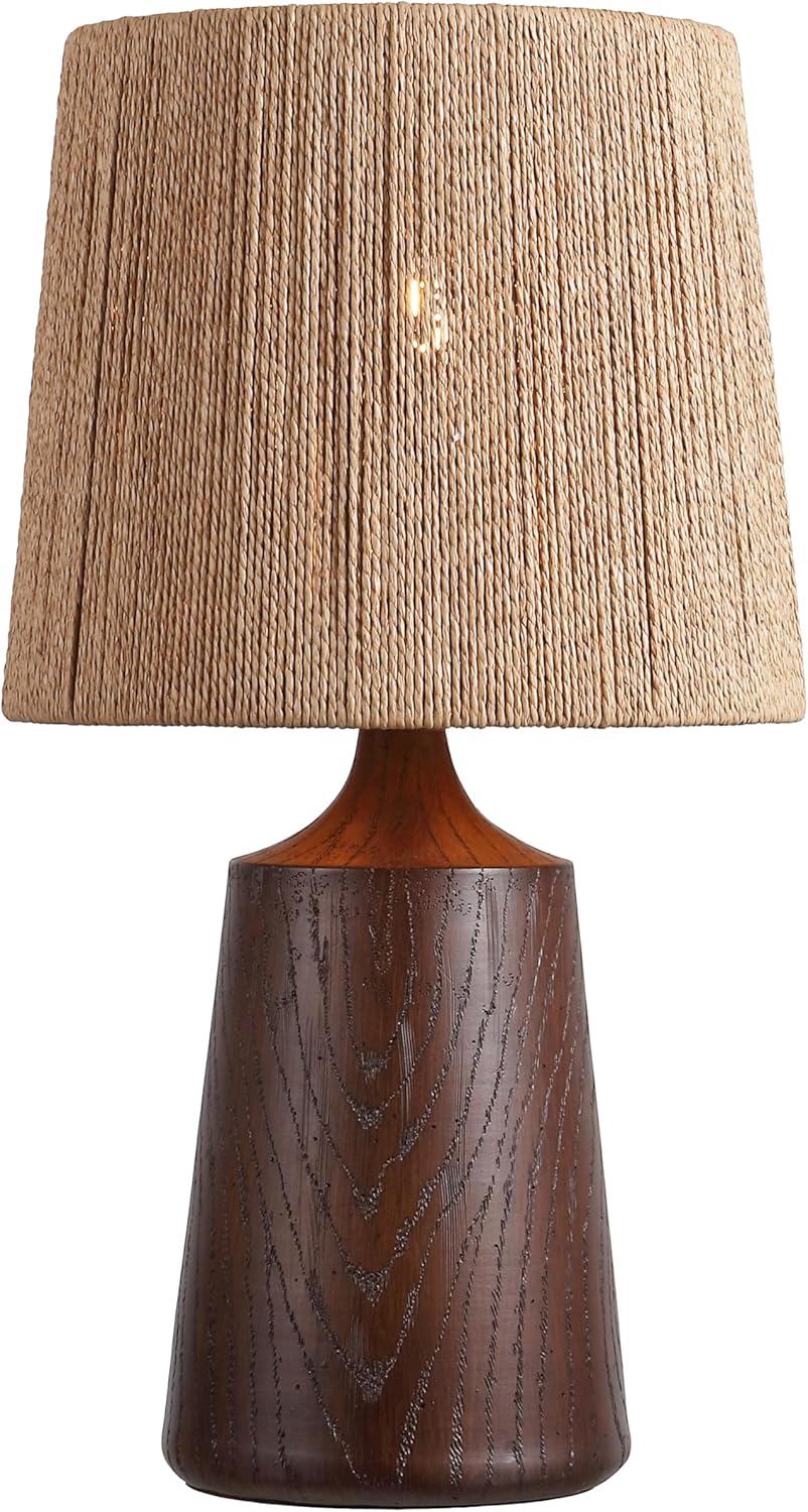 JONATHAN Y 22.25" Dark Brown Wood Finish Classic Cottage Table Lamp for Bedroom, Tapered Resin Body with Brown Paper Rope Shade, LED Bulb Included (JYL9201B)