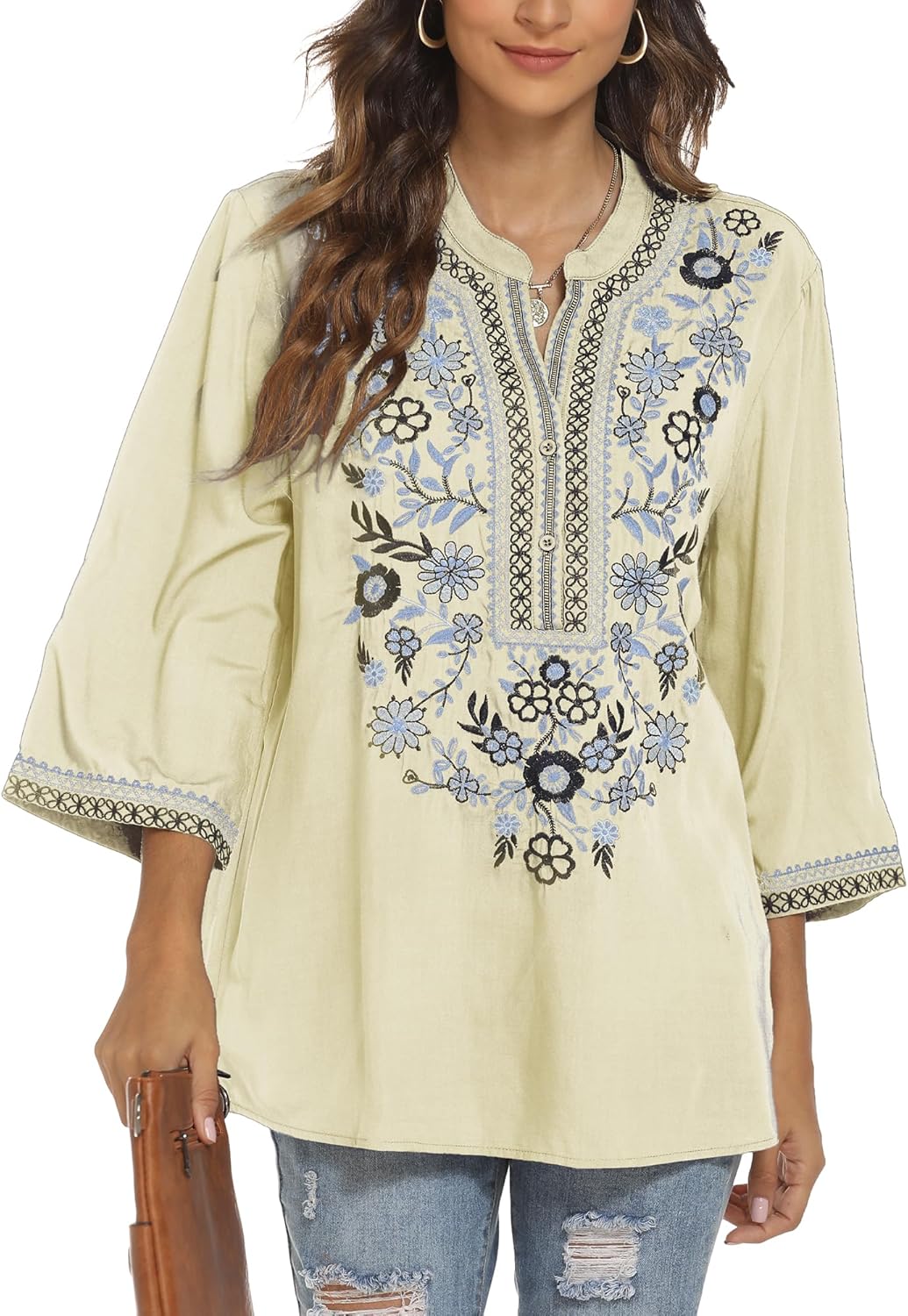 Traditional Mexican Embroidered Peasant Tops for Women, Plus Size Vintage Floral Tunic Shirts, Flowers Embroidery Blouses - Image 2