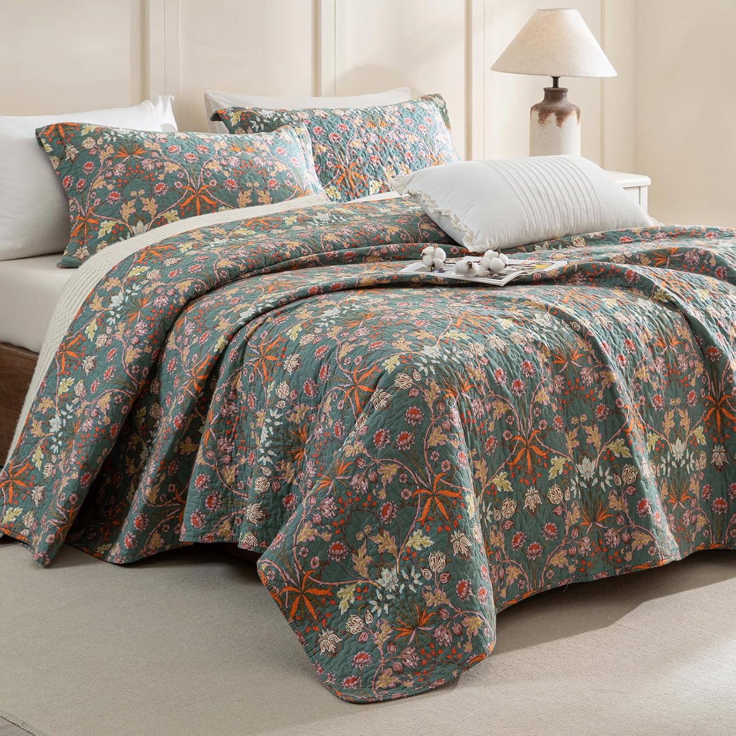 QSH 3Pcs Oversized King Quilt Bedspread Set(120"x120")-100% Cotton Floral Quilt California King Size Luxury Paisley Flower Botanical Printed Bedspread Coverlet Set Lightweight Soft for All Season Oversized King(120*120) Pattern D