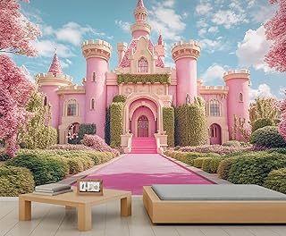 Pink Castle 3D Wallpaper, Princess Castle Wall Mural, Fantasy Fairy Tale...