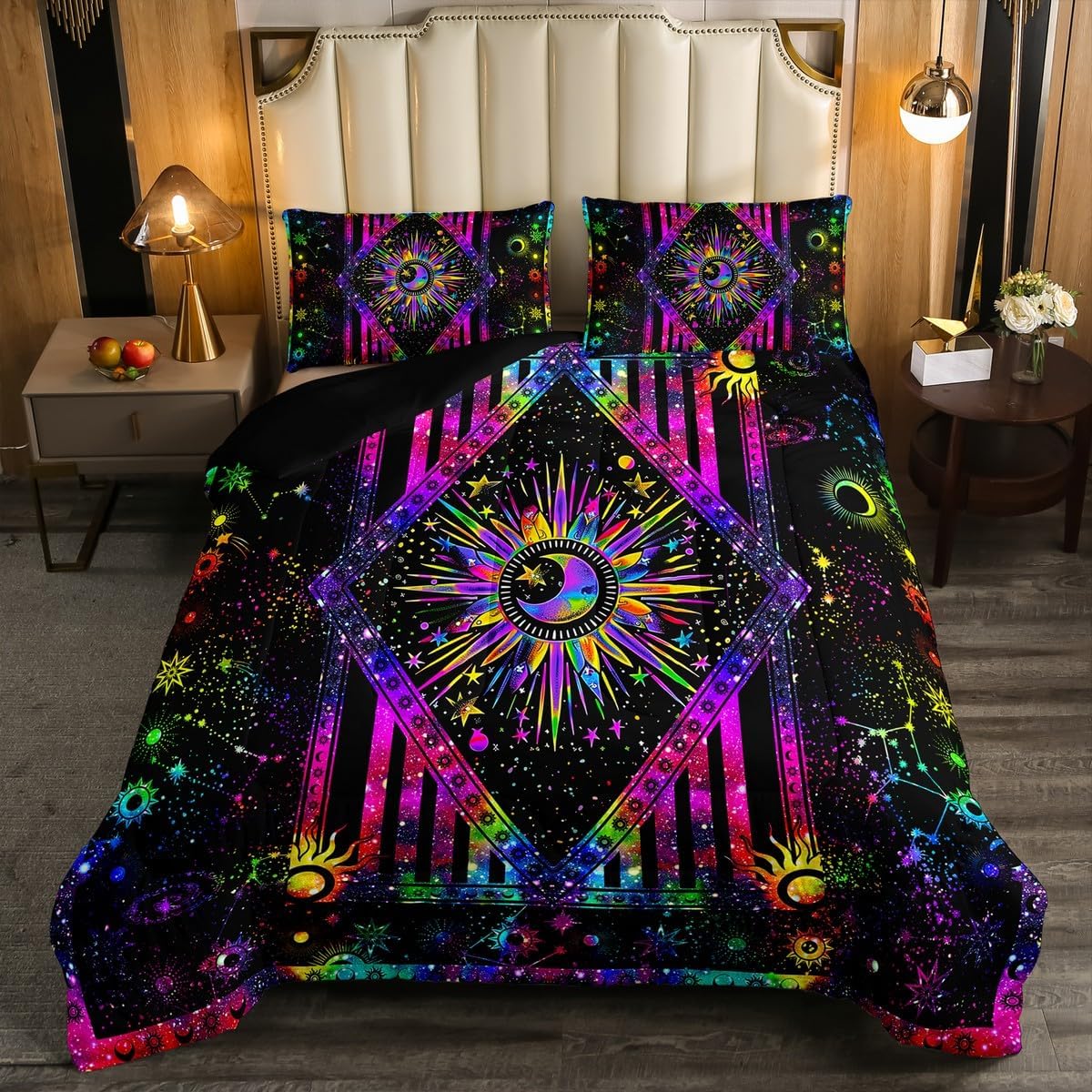Erosebridal Sun and Moon Bedding Set, Colorful Tie Dye Comforter Set Mystic Stars Duvet Insert Psychedelic Celestial Astrology Quilted Comforter Bohemian Constellation Zodiac Duvet Set King, 3Pcs Soft