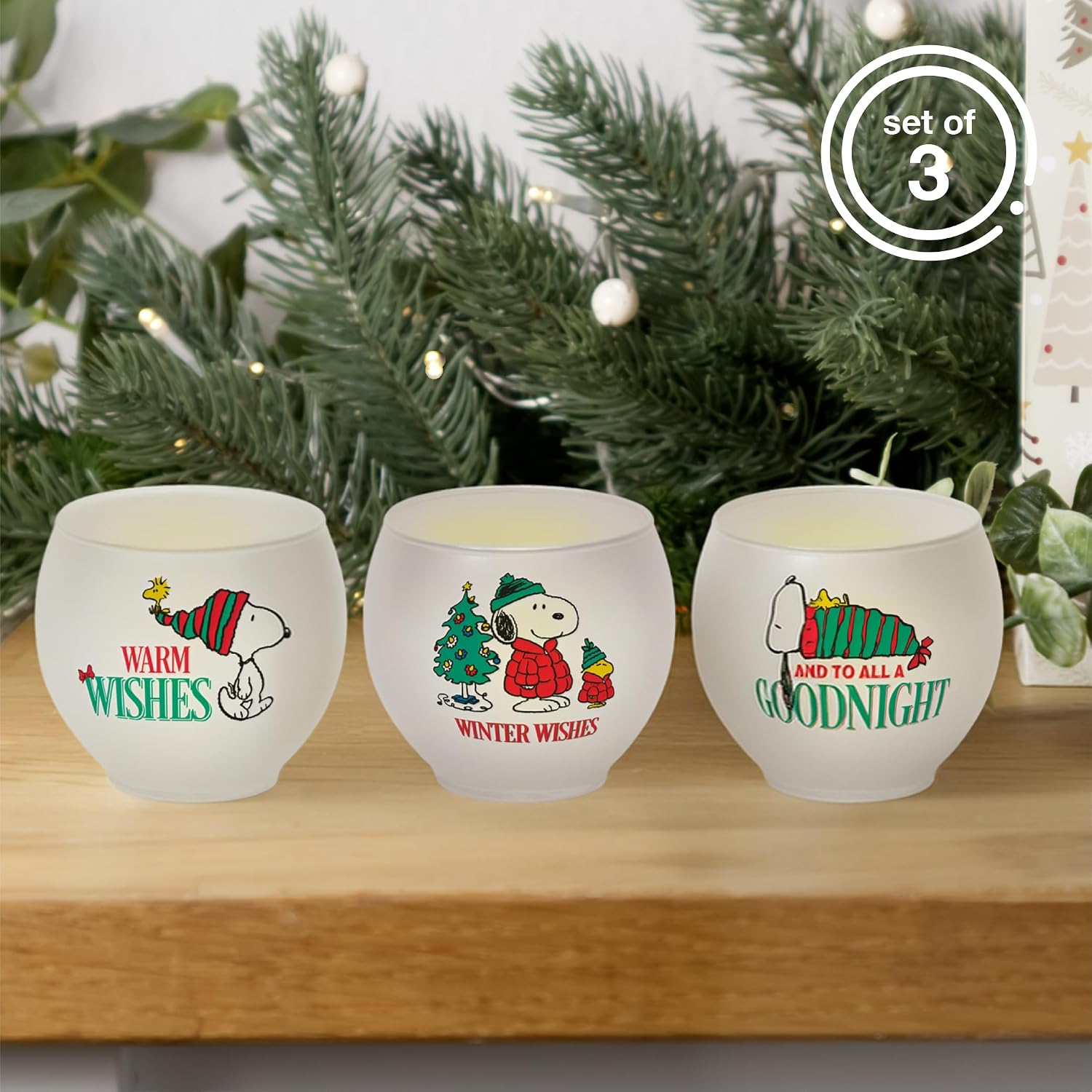 Mark Feldstein Peanuts Holiday Wishes Glass Votives, LED Tea Lights, 3In