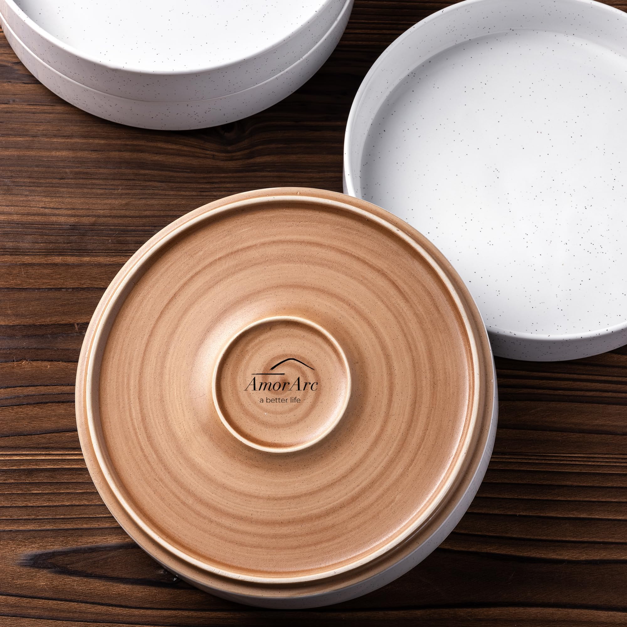 AmorArc 22,9 cm große Keramik-Nudelschalen, 907 ml, Steingut, 4 Stück | Gesprenkelte Servierschalen für Nudeln, Salat, Obst und Nudeln, Einweihungsgeschenk und Hochzeitsgeschenk, Weiß