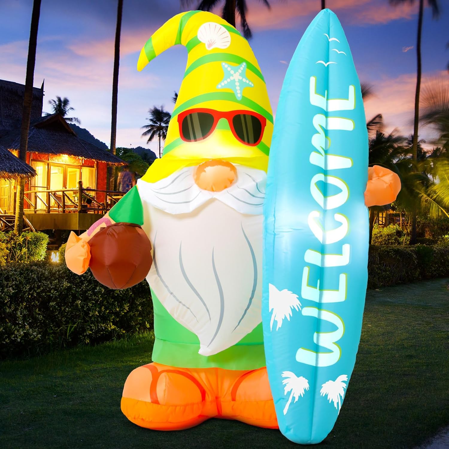 4 ft Summer Inflatables Gnome Outdoor Decorations Lighted Blow up Beach Gnomes with Surfboard Inflatable Summer Blow up Inflatable for Tropical Pool Decor Hawaiian Party Supplies(Hawaiian)