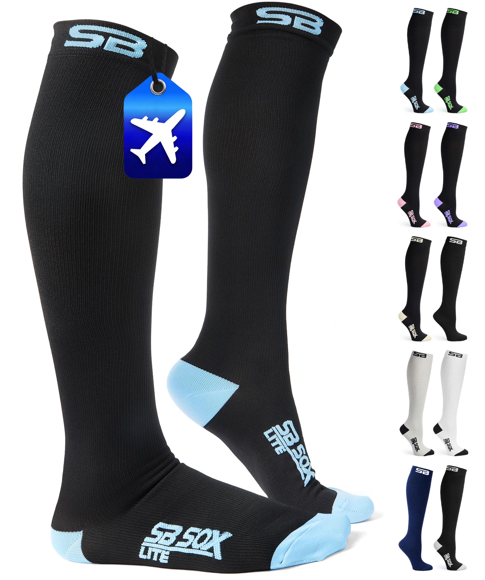 SB SOX Lite Compression Socks for Flying, 15-20mmHg (Black/Blue, S/M)