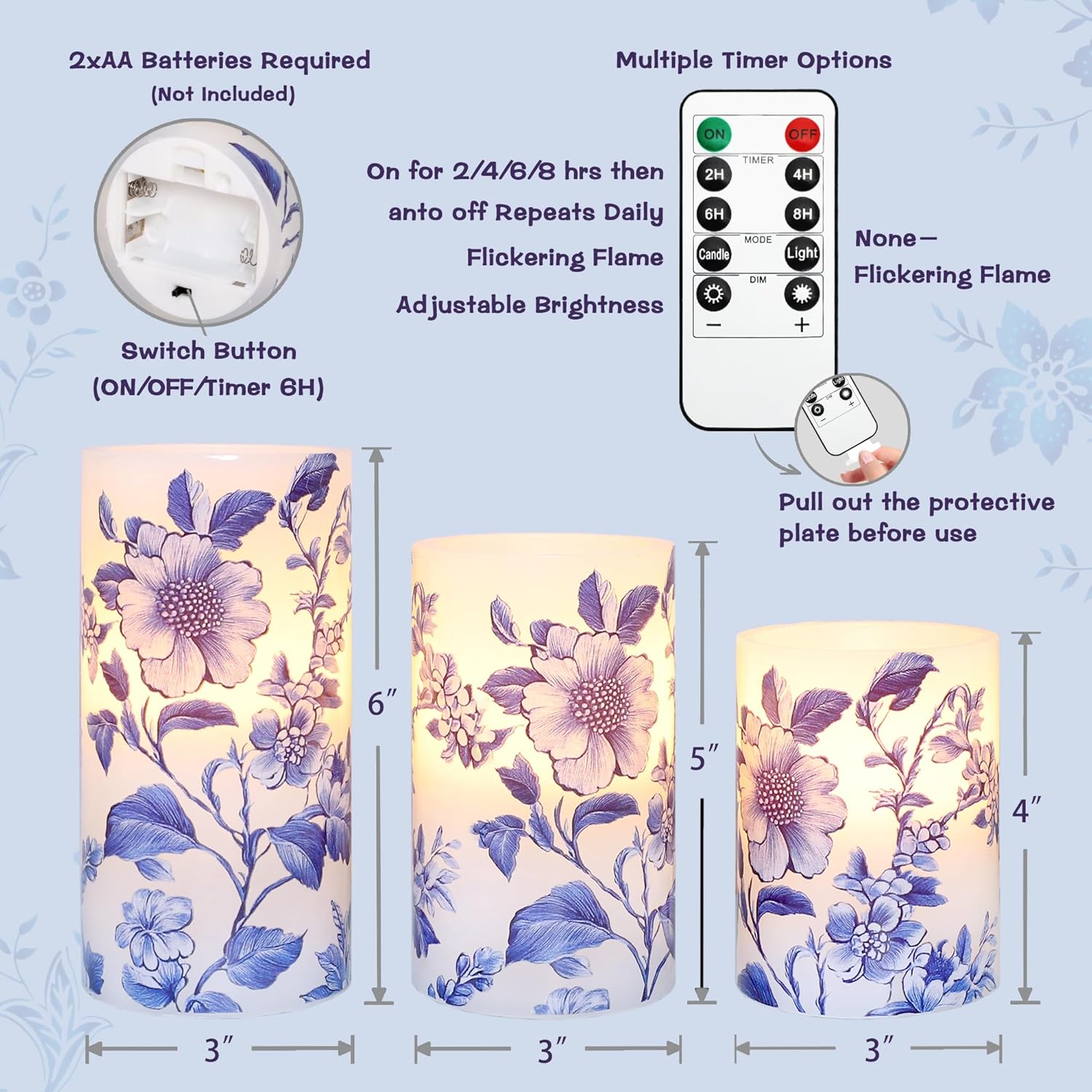 Flameless Candles Blue and White Porcelain Floral Chinoiserie Decor Battery Operated with Remote Real Wax Dripless Candle Vintage Decorative for Christmas Gift Wedding Home Party Decor