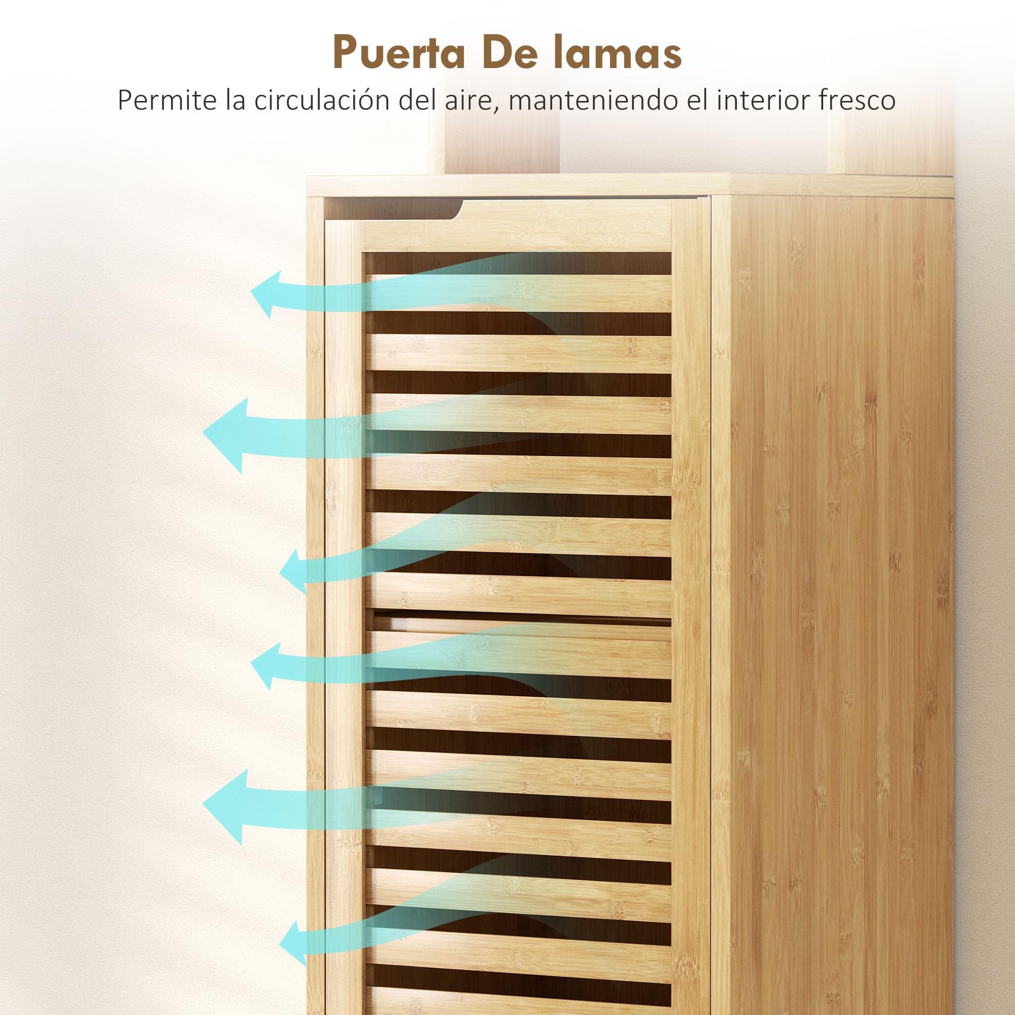 HOMCOM Armario de Baño de Bambú, Mueble Auxiliar, 34x30x170 cm Natural | Columna de Baño Estrecha, Estante Abierto, Puerta de Lamas, Estante Ajustable
