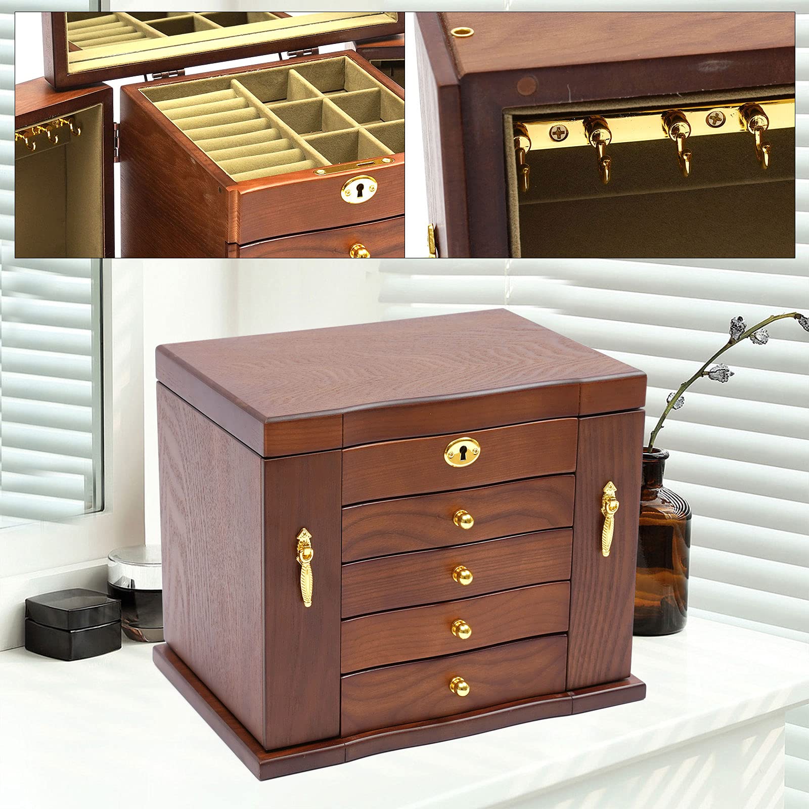 5 Schicht Schmuckkasten Schmuckschatulle Holz Uhrenbox Schmuckkästchen Schmuckkoffer, Schmuck Aufbewahrungsbox Mit Spiegel Und Schloss, Geschenk