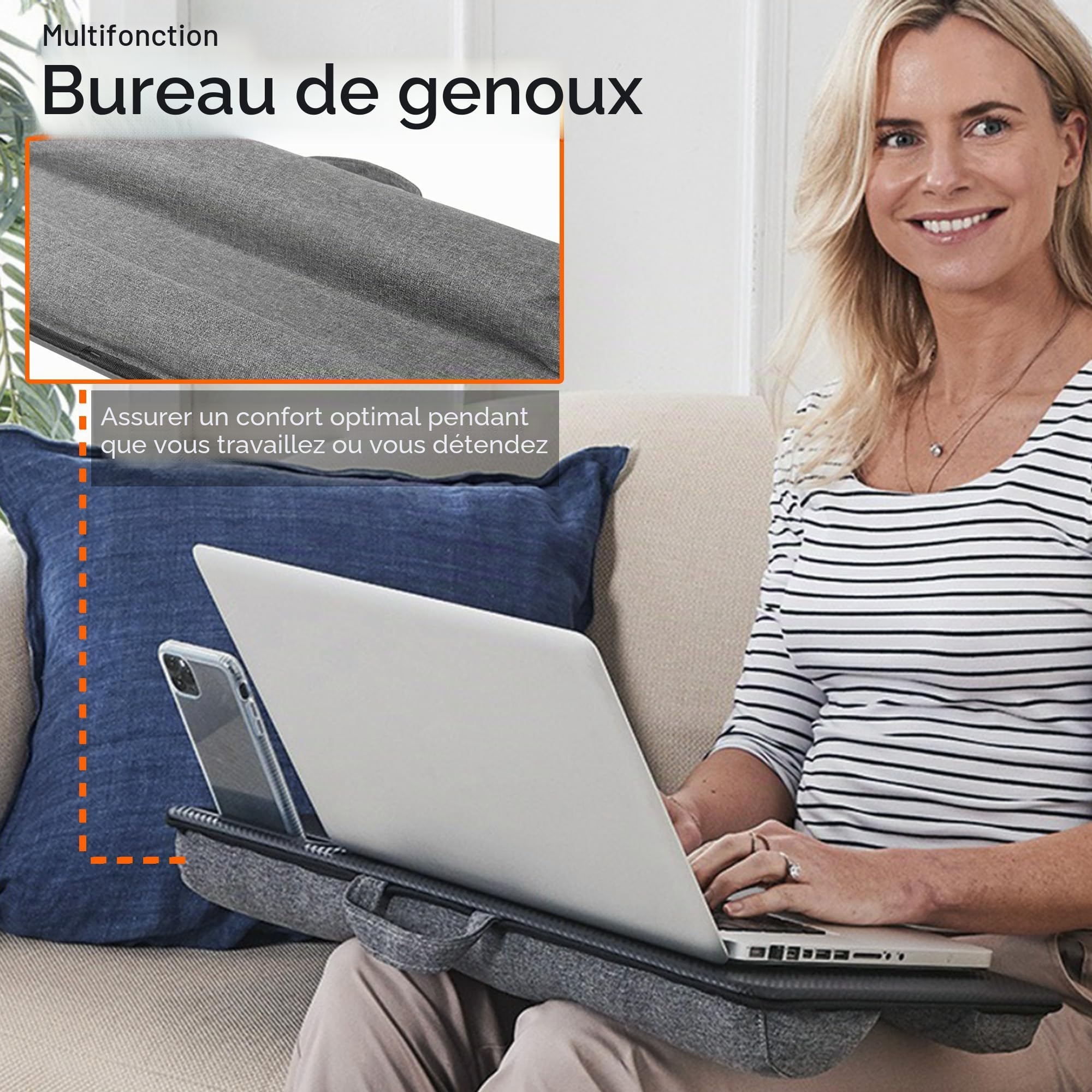 Plateau rembourré pour ordinateur portable avec coussin - Plateau rembourré pour ordinateur portable - Tapis de souris intégré et support pour téléphone portable - Léger - Pour canapé, lit, tablette