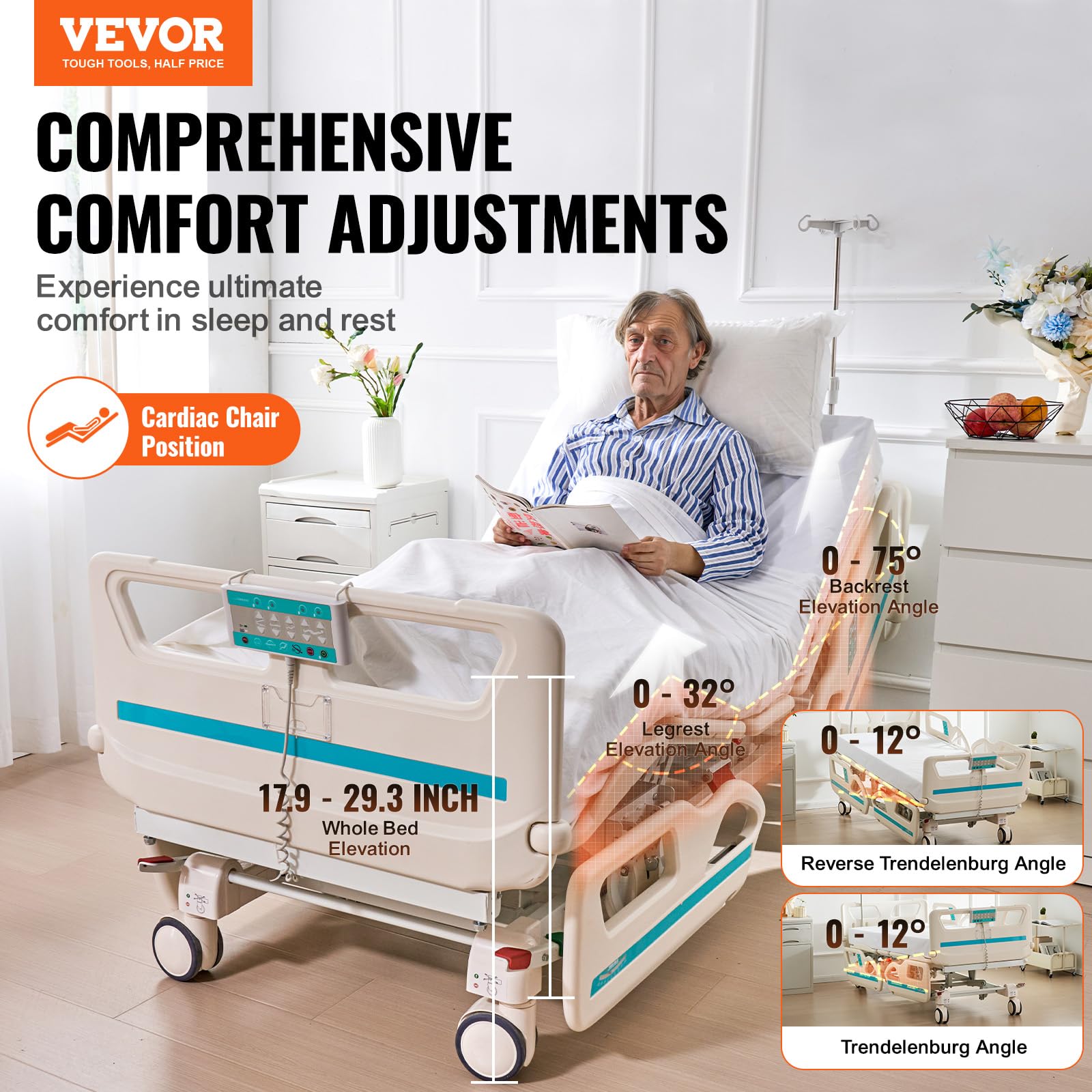 VEVOR Letto Ospedaliero con 5 Funzioni, Letto per Terapia Intensiva Medica Elettrico con Posizione Sedia Cardio, Trendelenburg Inverso, Rotelle Bloccabili per Uso Ospedaliero Domestico Carico 250kg