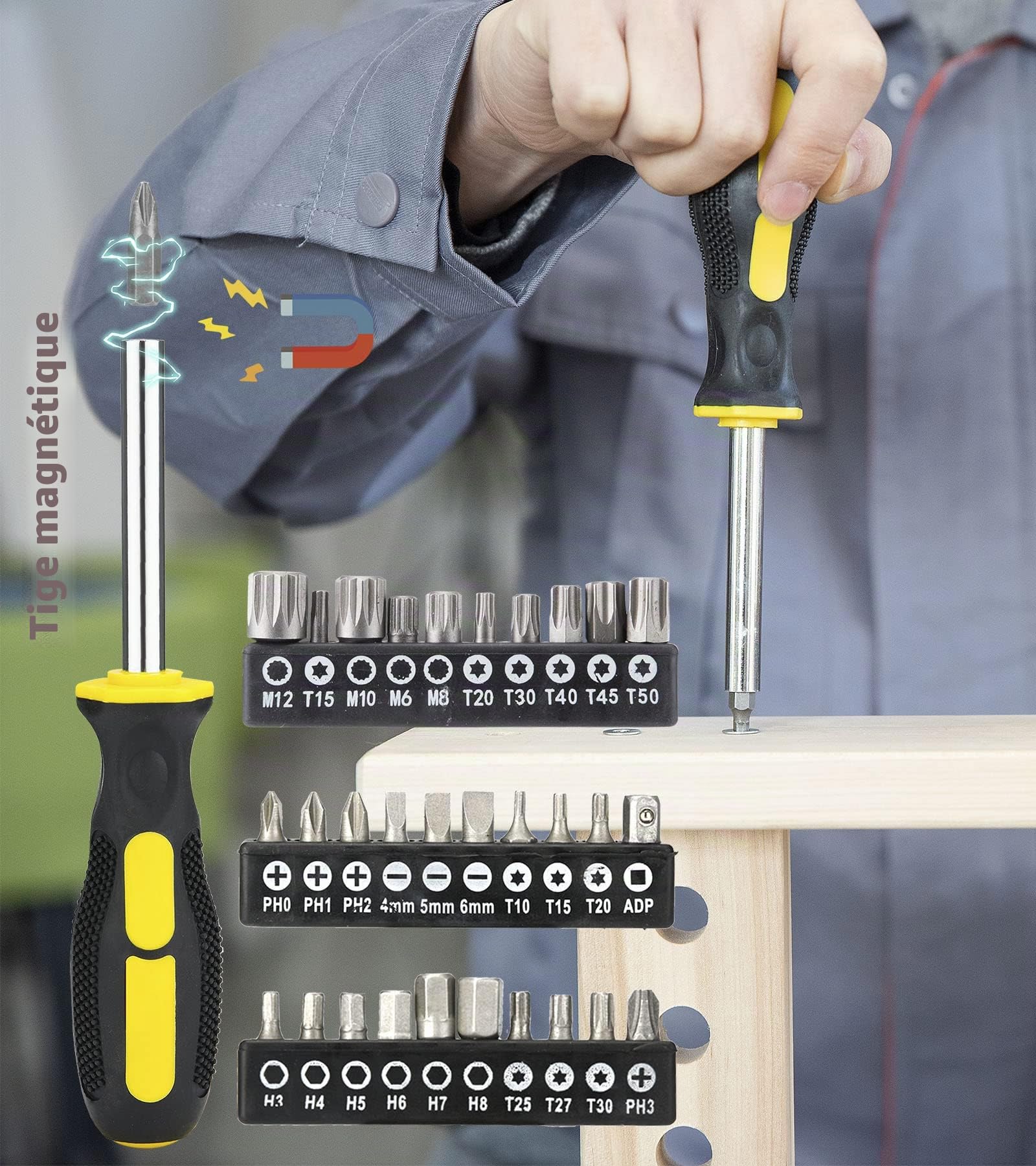 DOWELL Ensemble d'outils, kit d'outils pour réparation automobile et ménage avec douille, clé, tournevis, ensemble d'embouts et boîte de rangement en plastique, HYT128 (128 pièces)