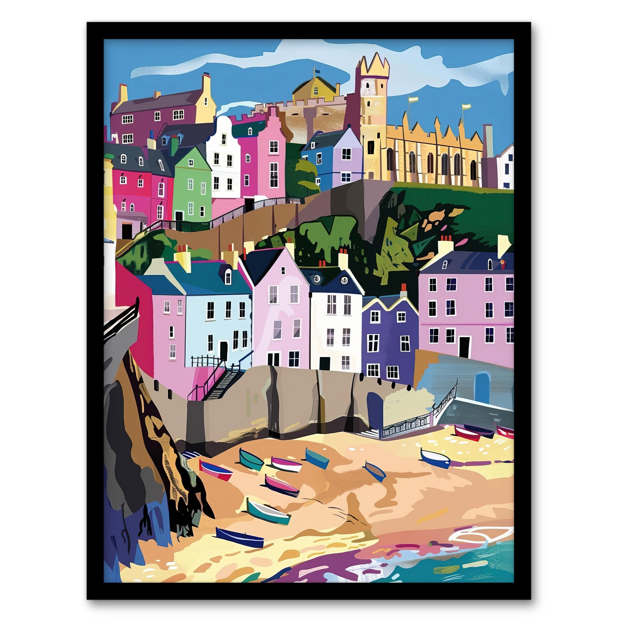Artery8 Tenby Harbour Beach Coastal Townscape Colourful Living Room Artwork Framed Wall Art Print A4